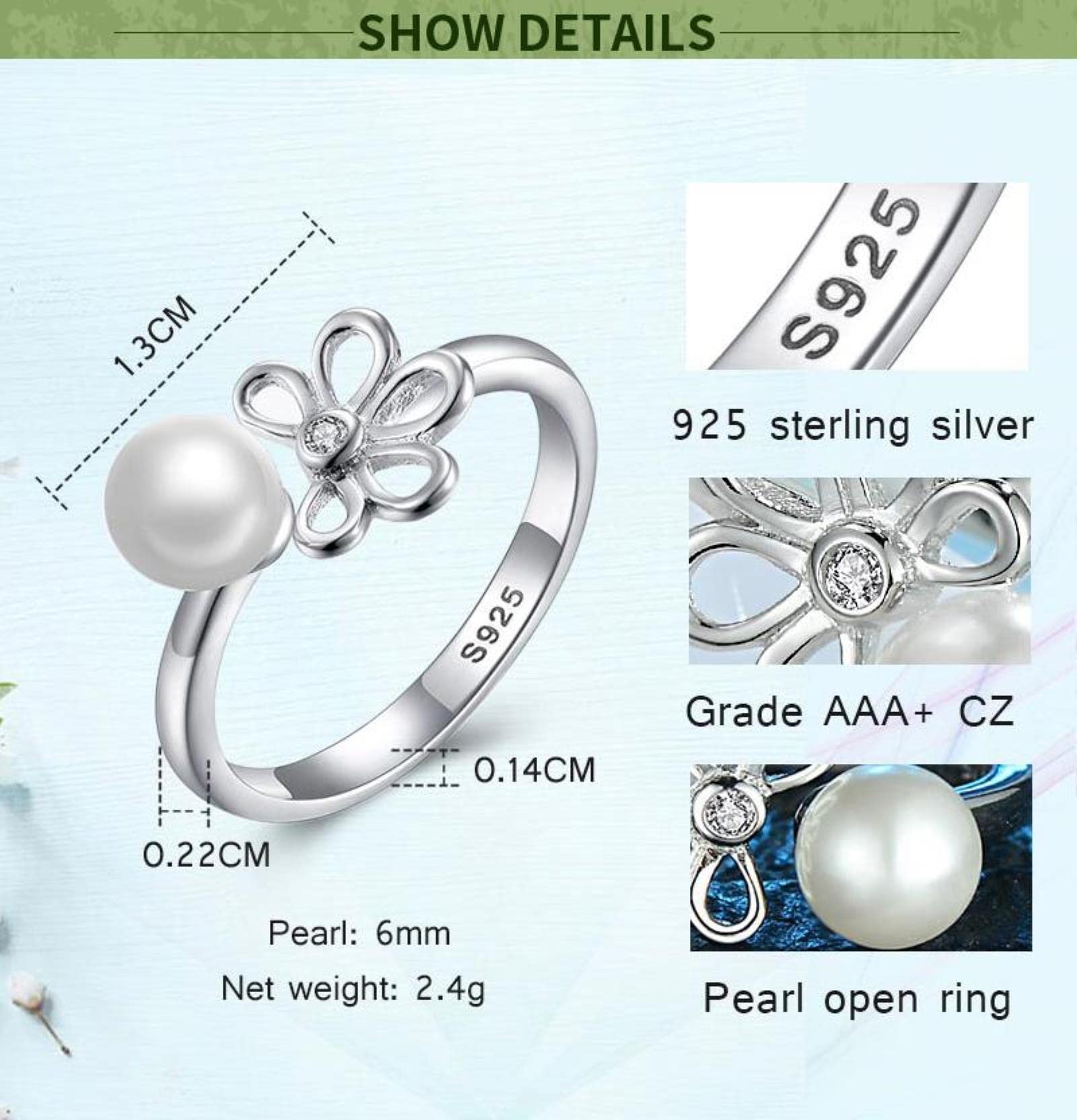 Flor Grandes Anillos De Perlas Simuladas para Mujeres 925 Plata Esterlina Boda Cz Ajustable Ringlet Joyería