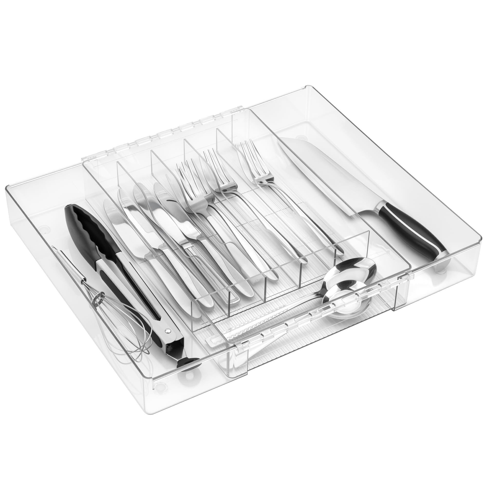 QIWODE Cutlery Drawer Organiser, Extendable Plastic Cutlery Tray for Kitchen Drawer, Clear Adjustable Utensil Drawer Organiser for Knives, Forks, Spoons, 21.5-38.5 x 33.5 x 5.2cm