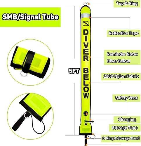 Miniatura 5 de Boya marcador de superficie de buceo de 5 pies (SMB), salchicha de seguridad con carrete de plástico de 98 pies y clip de gancho de doble extremo +