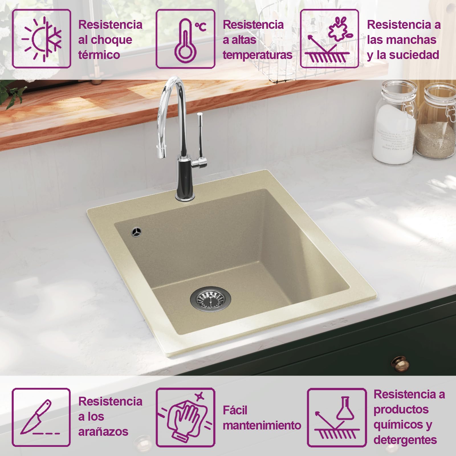 vidaXL Fregadero de cocina de granito con un seno beige