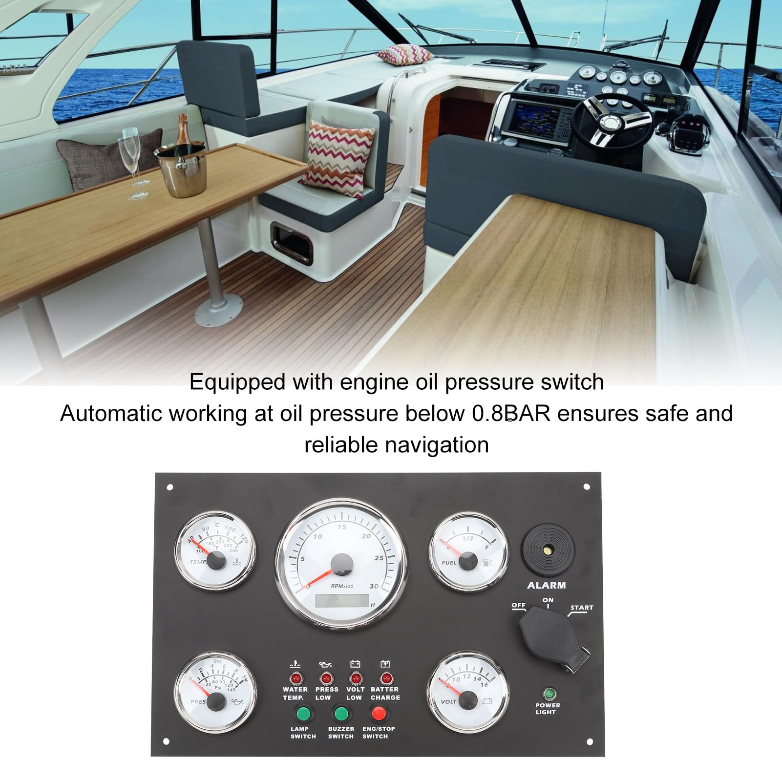 Panel de calibre Torvex, 300 x 190 mm, panel de instrumentos para barco, tacómetro, medidor de tablero, 0-3000 RPM, temperatura del agua, presión de aceite para yate (Blanco 12V)