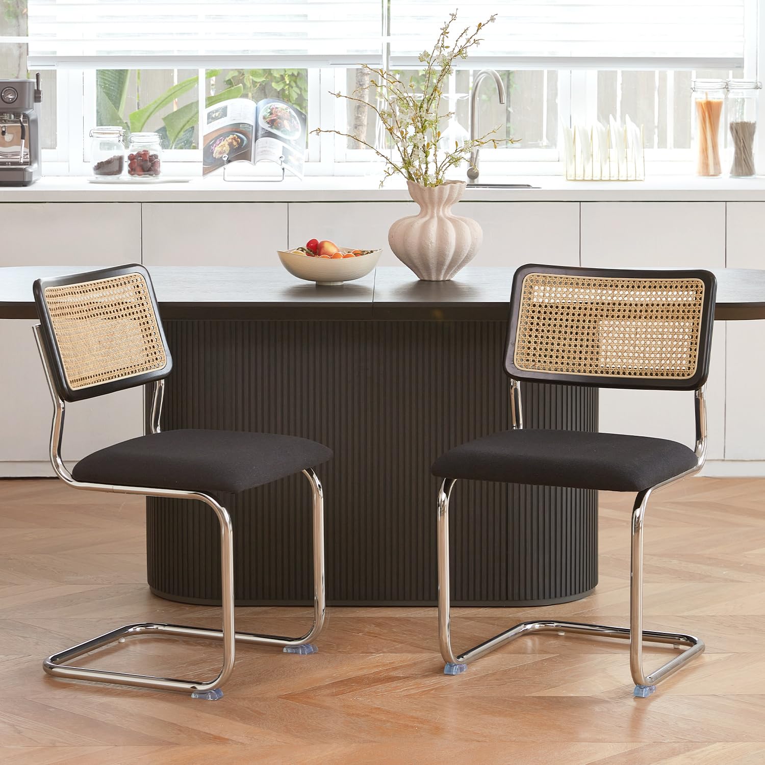 Black Chrome Rattan Dining Chairs Set of 2, Wooden Mid-Century Modern Kitchen Chairs, Mesh Back Cane Dining Room Chairs, Cesca Design Chair with Metal Chrome Legs