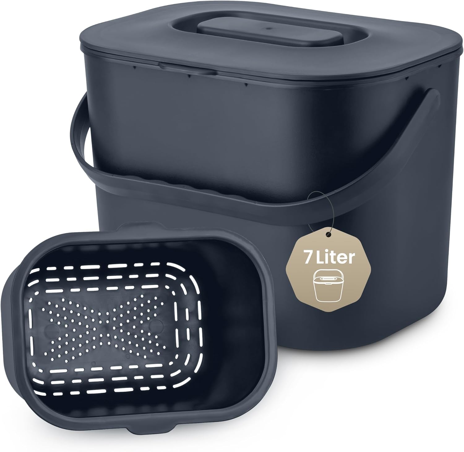 Organic Kitchen Waste Bin, 7 L, Design Compost Bin with Strainer, Organic Rubbish Bin, Odour-Proof, Organic Waste Bin, Composter Kitchen Bucket with Lid, Organic Waste Container for