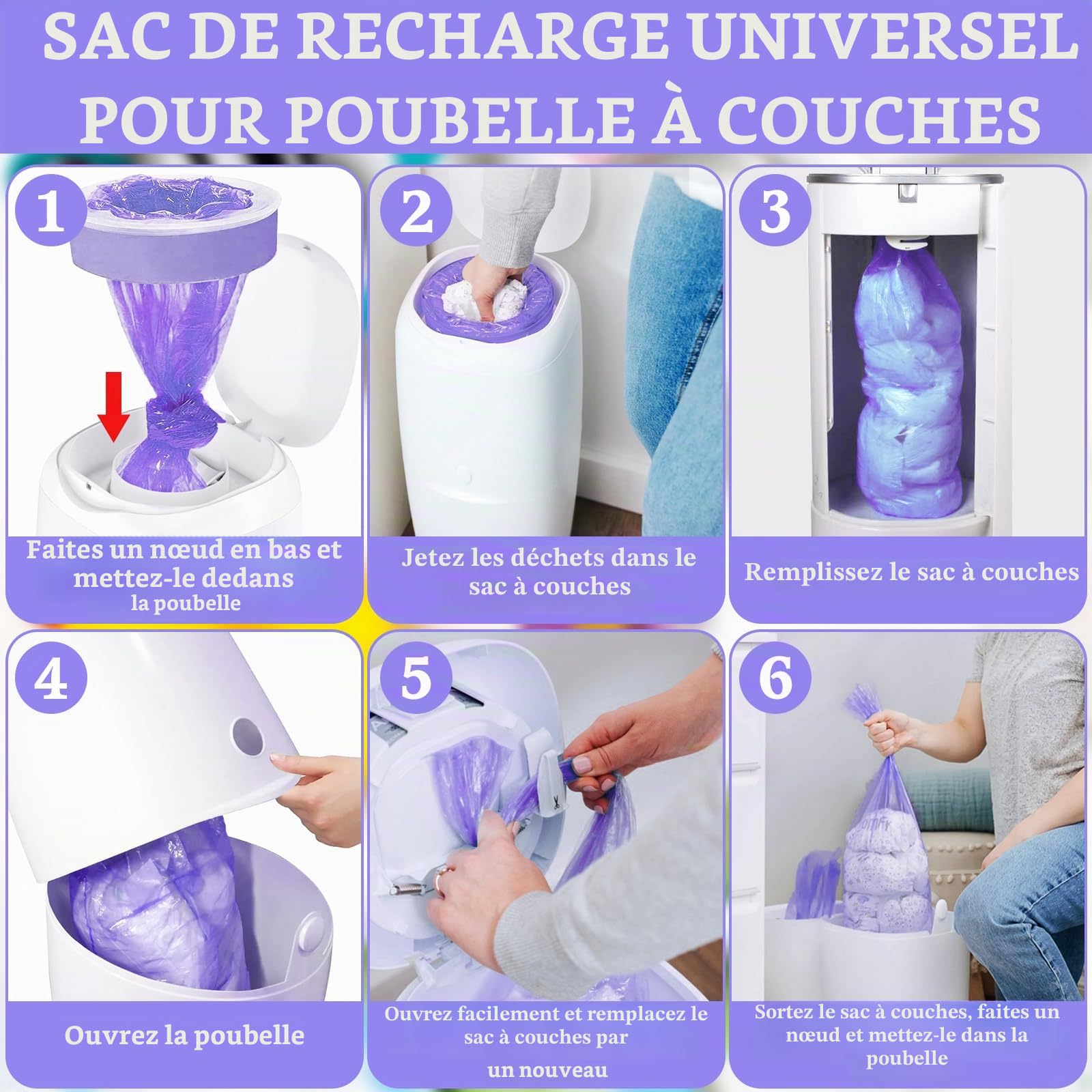 Lot de 15 recharges pour poubelle à couches, film de recharge pour poubelle à couches, excellente étanchéité, sac de recharge pour poubelle à couches compatible avec Tommee Tippee Sangenic TEC