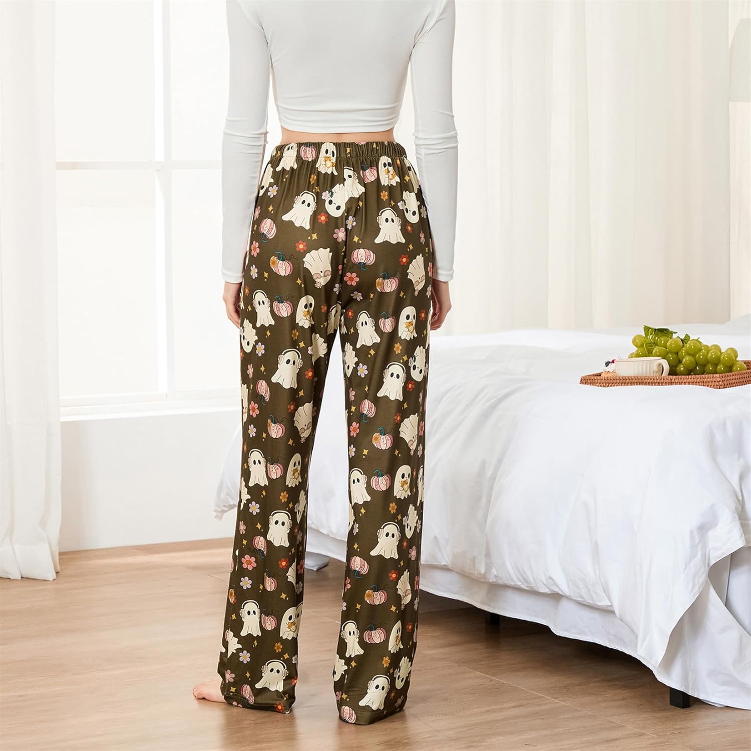 iTranyee Women Halloween Lounge Pants Soft Ghost Print Loose Elastic Waist Drawstring Pajama Bottoms Cute Sleepwear - Image 4