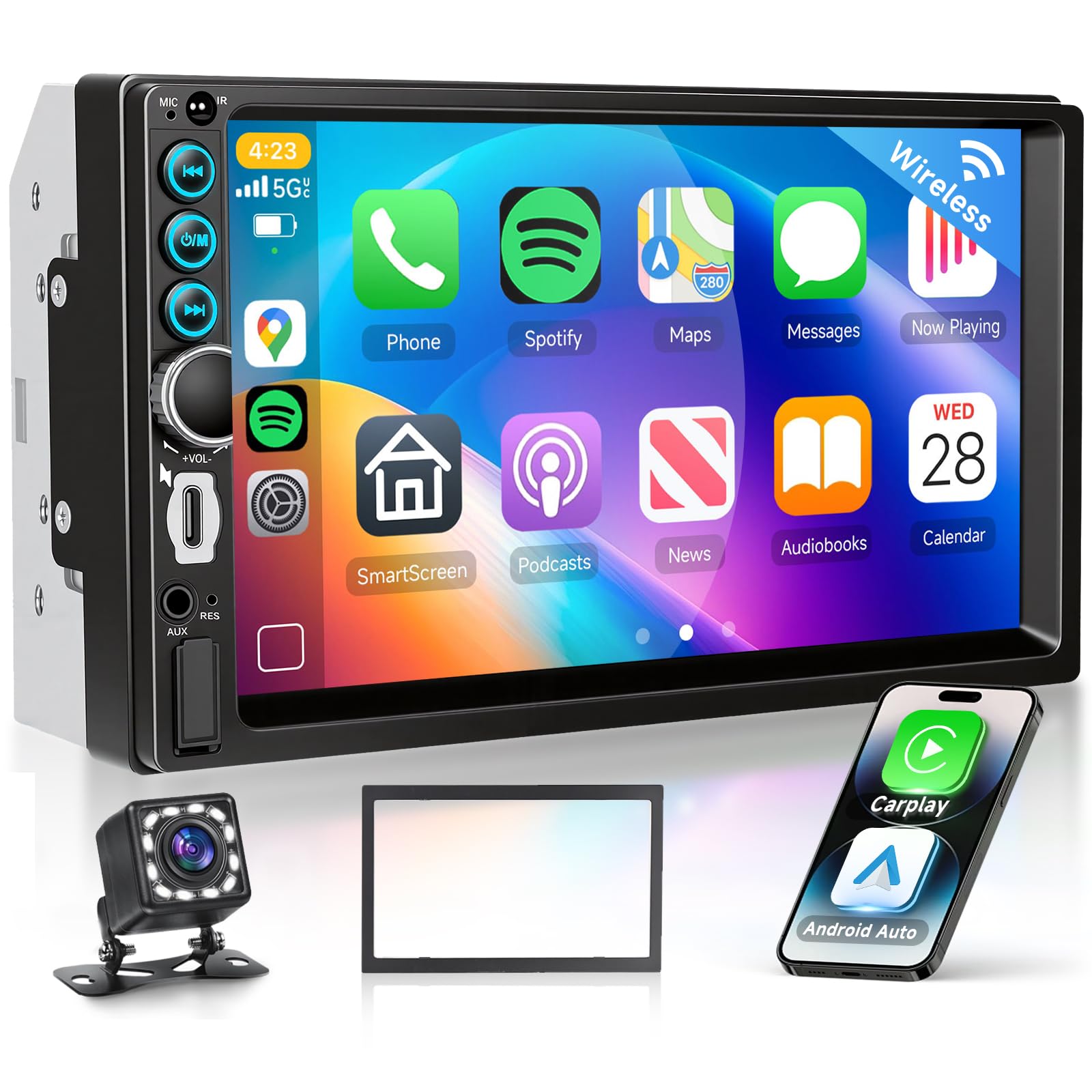 VECHTEL Radio samochodowe 7" 2 DIN z bezprzewodową funkcją CarPlay, Android Auto, radio FM z Bluetooth, nawigacja GPS, 2 porty USB/SD/AUX, lustro, ekran dotykowy IPS z tylną kamerą i elementami