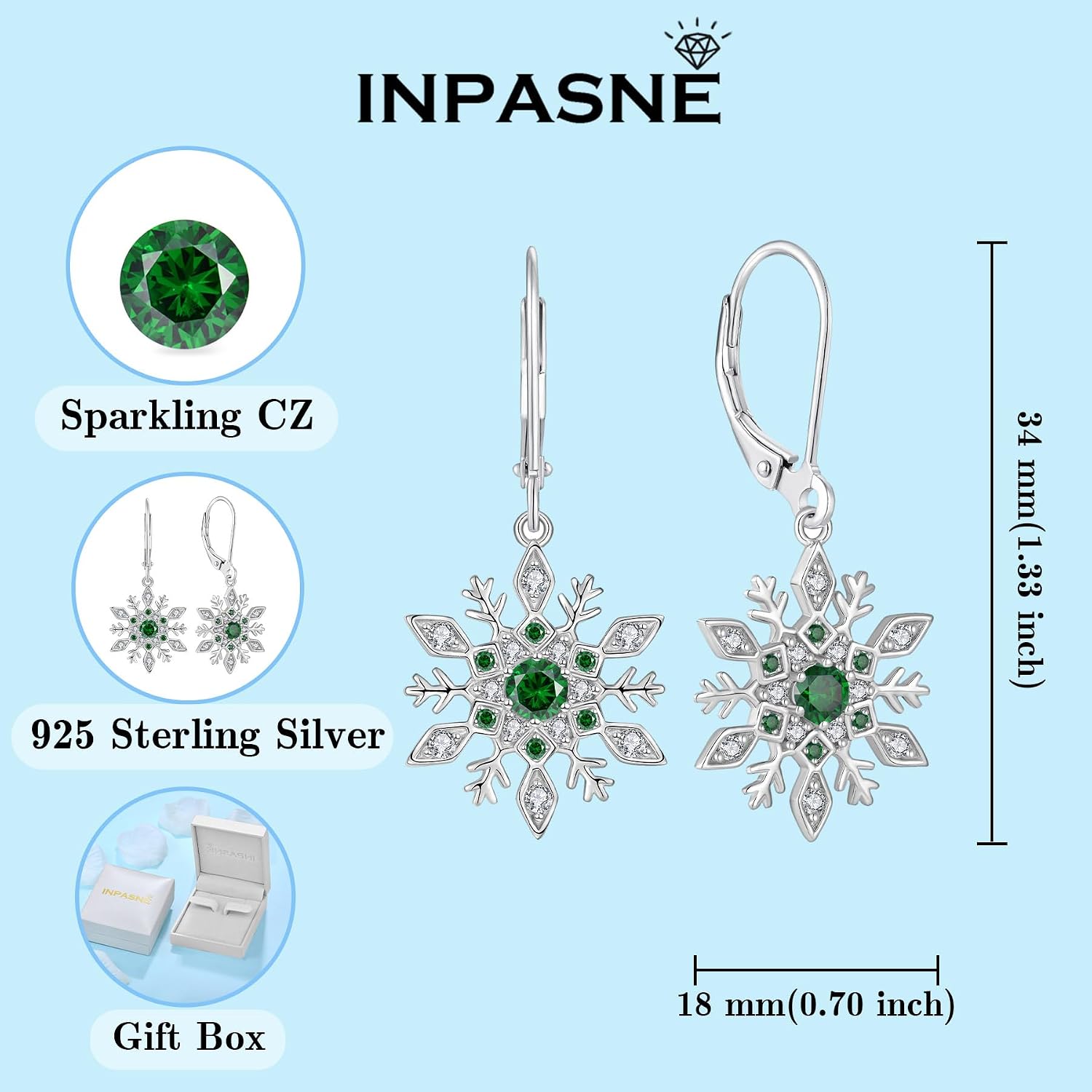 Women Snowflake Earrings 925 Sterling Silver Birthstone Dangle Drop Leverback Earrings Christmas Jewelry for Her