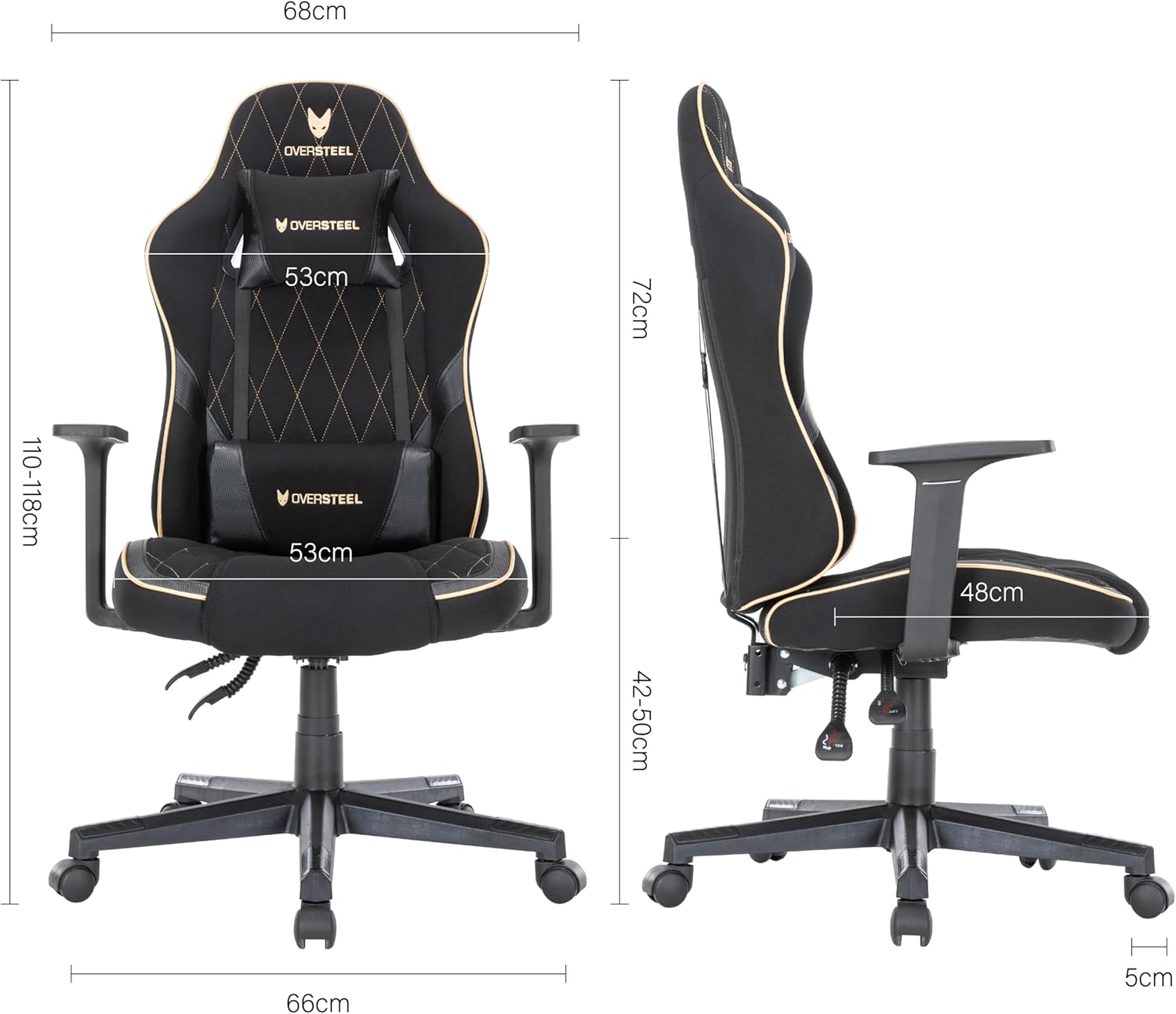 Diagram showing the dimensions of the Oversteel SAPHIRE Gaming Chair, including height, width, and depth.