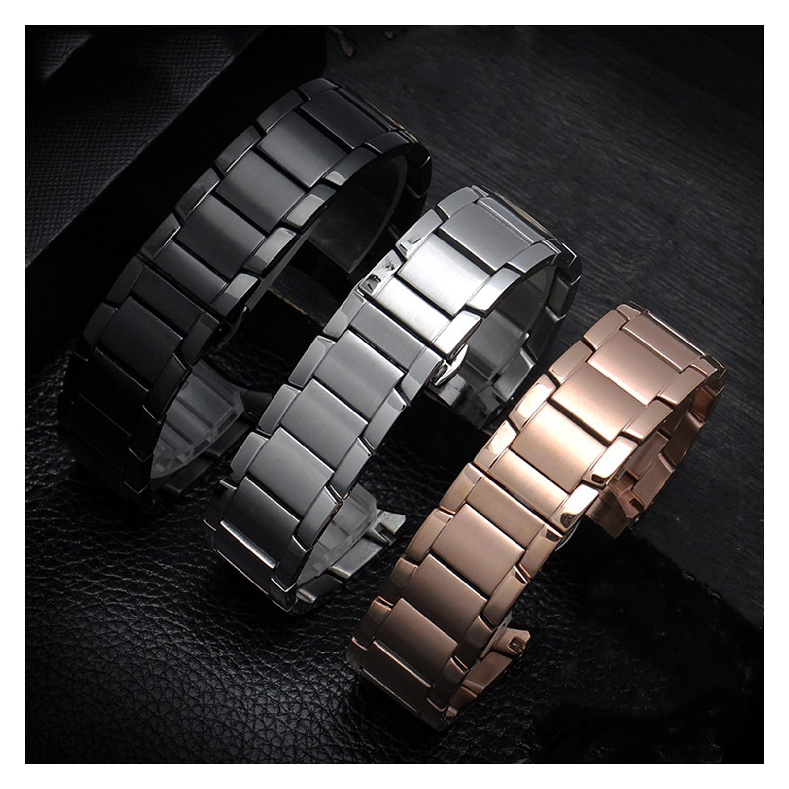 Strape Montre Metal Strap en Acier Inoxydable, Smart Butterfly Boucle grostée Argent Noir Rose Or 22 mm