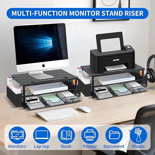 Miniatura 4 de AUPSEN Soporte elevador de madera para monitor de computadora, organizador de escritorio negro de 2 niveles con cajón, almacenamiento para