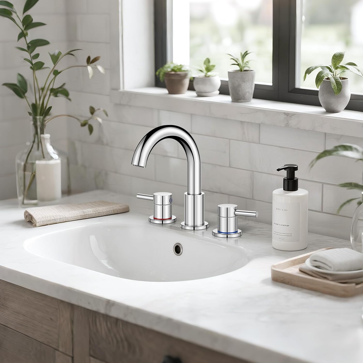 Chrome Bathroom Faucet 3 Hole with Pop UP Drain Rv Bathroom Sink Faucet Widespread 360°Swivel Two Handles Stainless Steel