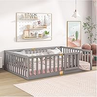 Vista 9 de Tatub Cama Montessori de suelo individual con rieles altos, marco de cama Montessori de madera maciza para niños, la puerta se puede instalar a Gris