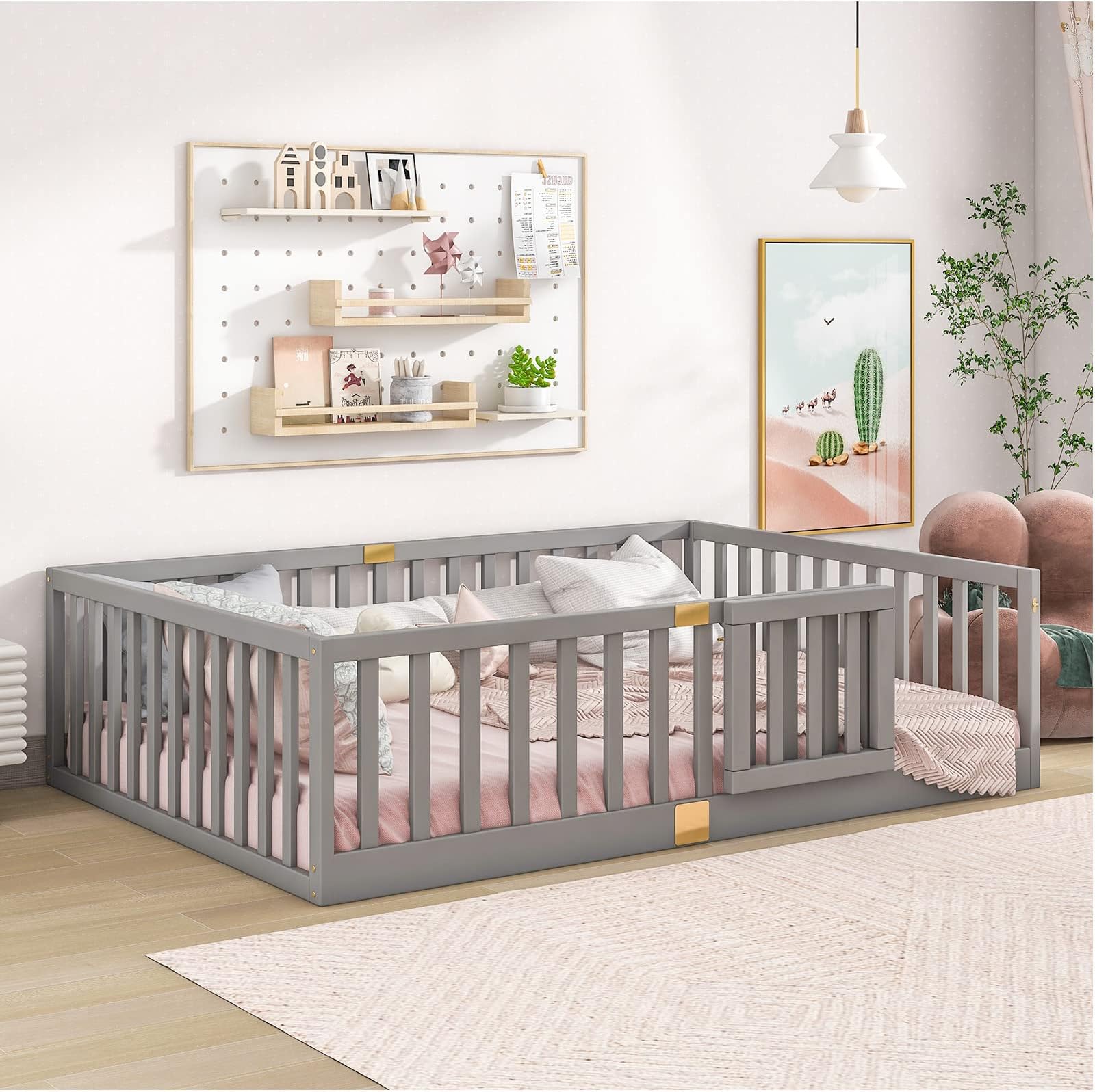 Tatub Full Montessori Floor Bed with High Rails, Solid Wood Montessori Bed Frame for Kids, Door Can Install Left and Right, Full-Grey