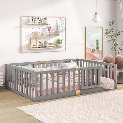 Tatub Cama de piso matrimonial con barandillas de seguridad y puerta, cama Montessori para niños, marco de cama de piso de madera para niños, puerta