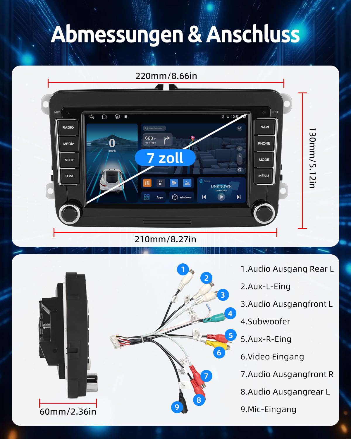 ESSGOO 4+64G Android 15 Wireless CarPlay Android Auto Autoradio Für VW Golf MK5 MK6 Polo Caddy Passat Seat RCD330 RCD360,Bluetooth Radio mit 7 Zoll Touch Screen FM RDS GPS Navi WiFi + AHD Kamera
