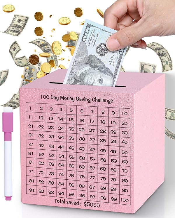 Money Saving Box, Unbreakable Piggy Bank for Adults Save $5,050 Metal Savings Box, 100 Day Money Saving Challenge Stainless Steel Box Must Break to Open 4.72 Inch (Pink) by xiheer - Used condition - US$16.48