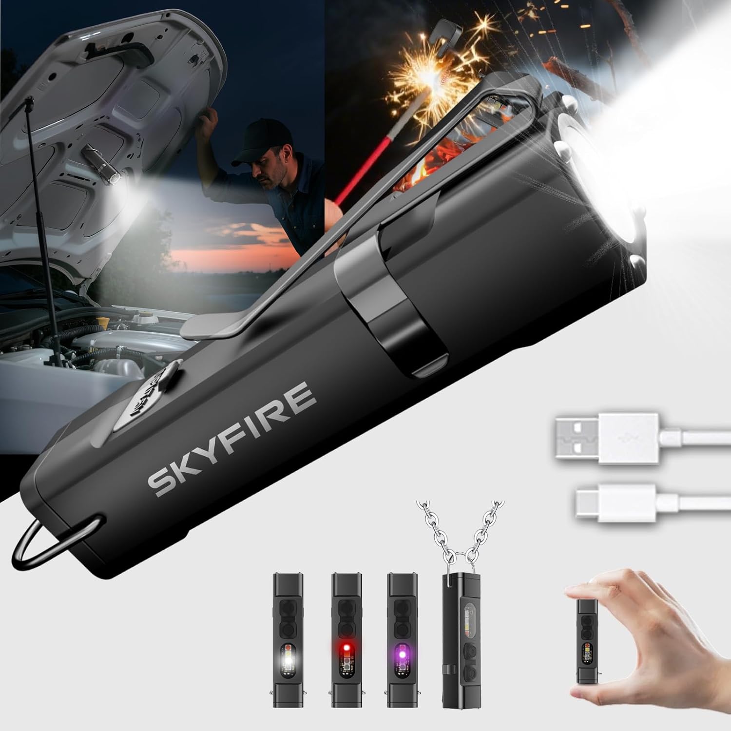 SKYFIRE 2Pack Rechargeable EDC Flashlight with Electric Lighter,Clip and Magnetic Base,Mini Flash Lights with UV Red and White LED Light Portable Pocket Light for Outdoors Indoor Emergency Working