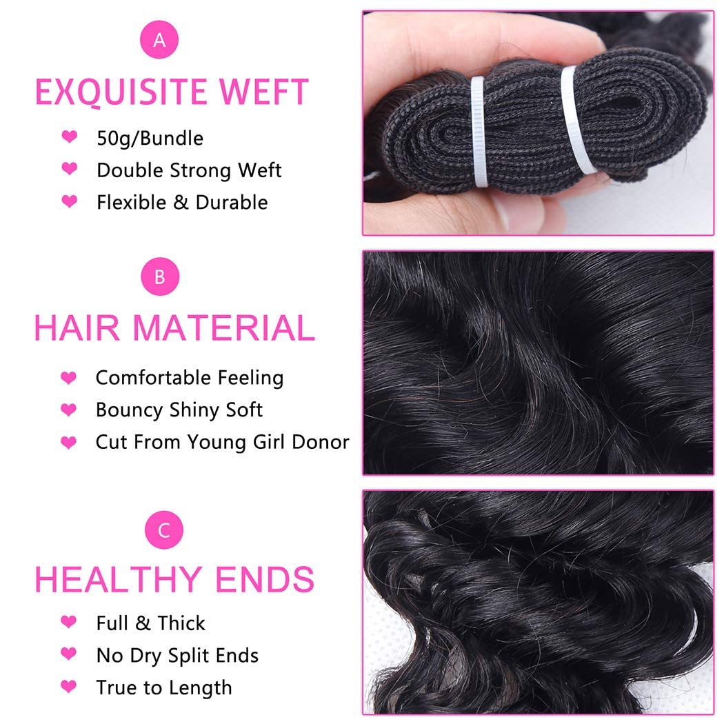 Deep Water Curly Wave Human Hair Bundles with Closure(10 10 10+10) Wet and Wavy 3 Bundles and Closure Unprocessed Brazilian Short Bob Hair Natural Black 50g/bundle - Image 4