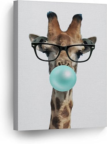 Smile Art Design Bonita jirafa con gafas, arte de goma de mascar de animales, arte de pared en lienzo verde azulado y azul, arte para pared,