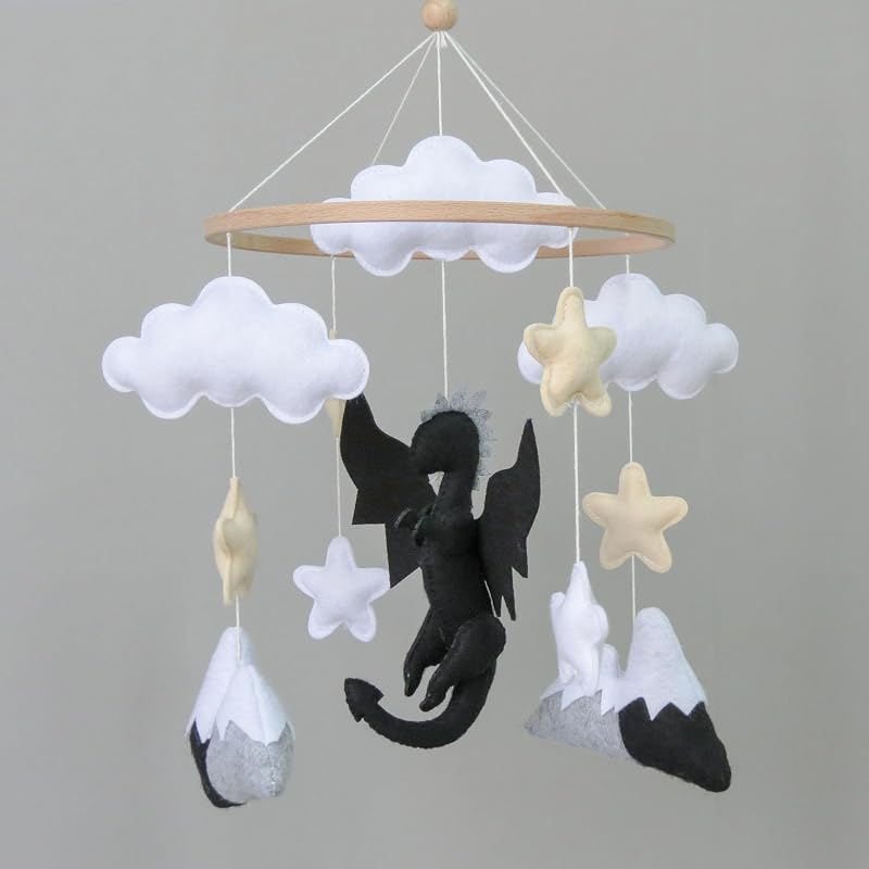 celular de cuna Dragon para niños, celular de bebé de fieltro para cuna, decoración de guardería gris y negra, colgante celular de nube y estrella, regalo de juguete unisex para calmar al bebé