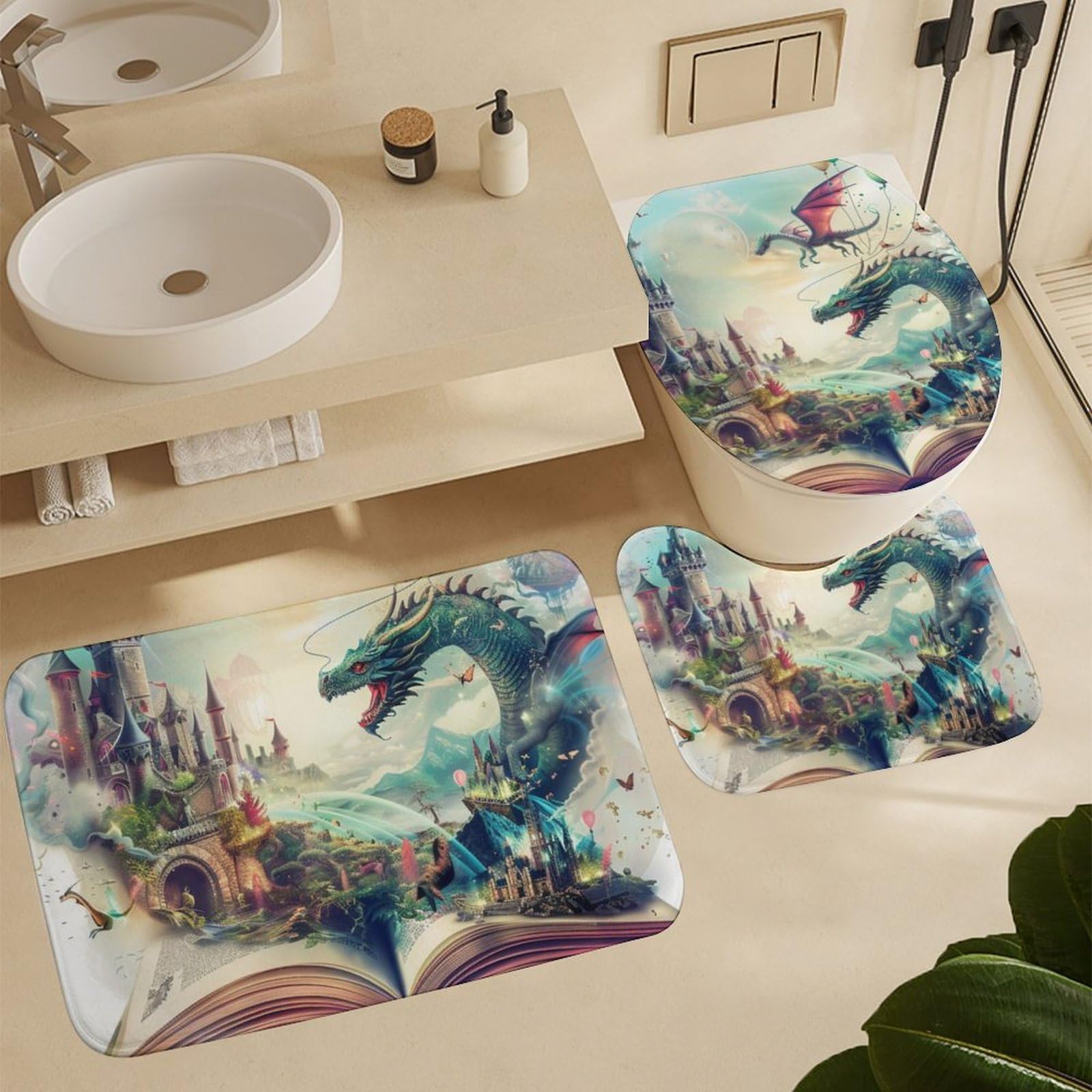 FOCCAFB Watercolor Dragon 4-Piece Shower Curtain Set - Includes Rug, Mat, Toilet Cover & 12 Hooks