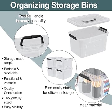 4-Pack 5 Quart Storage Box/Bins, Plastic Latch Container | Small Stackable Organizer Bin for Home Bedroom, Dorm Room, and Closet Organization