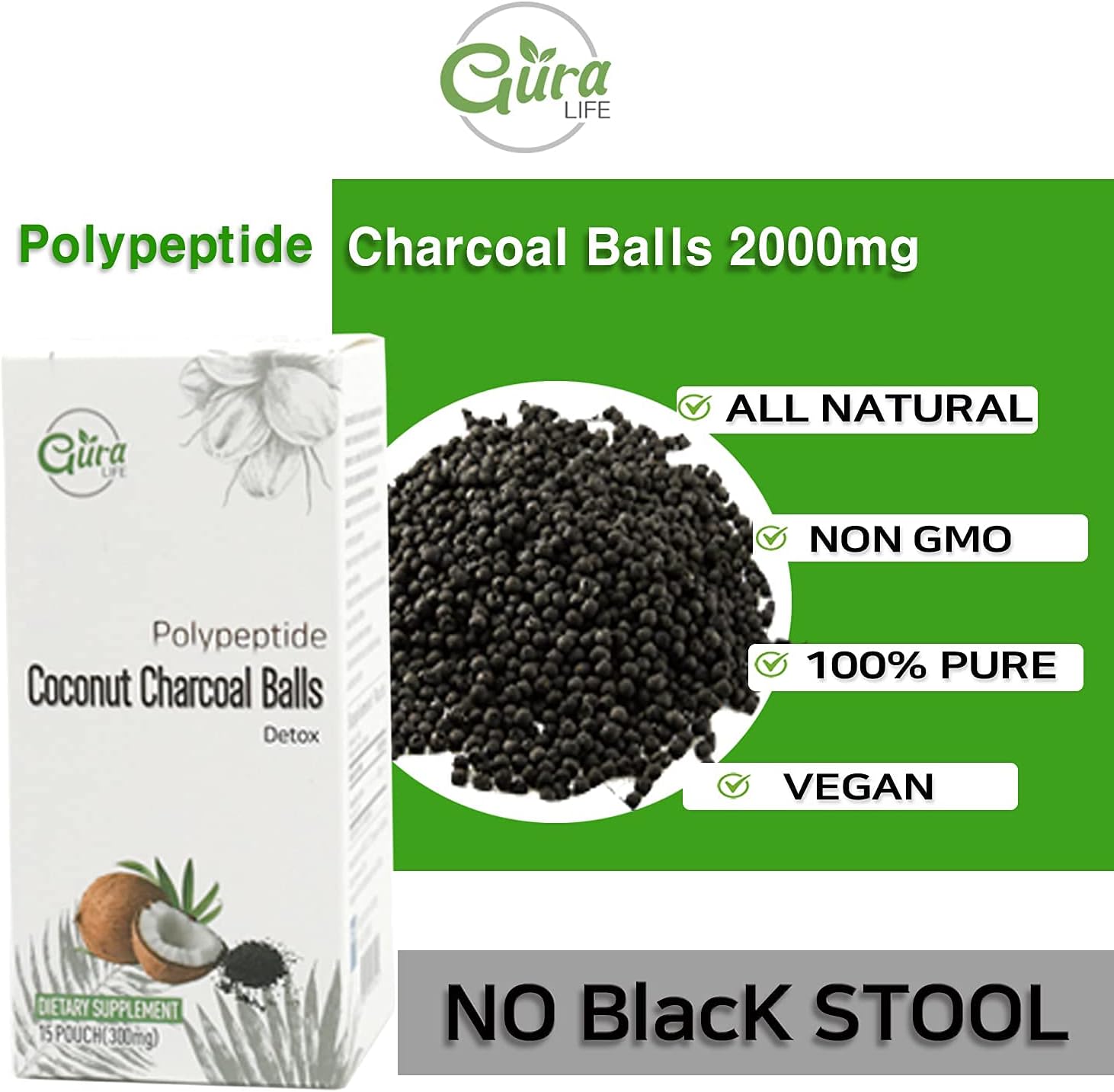 Aura Life Polypeptide Coconut Charcoal Ball 2000mg - Derived from Organic Coconut Shells - Promote Natural Detoxification - Vegan Supplements - Activated Charcoal - 1 Month Supply : Health & Household