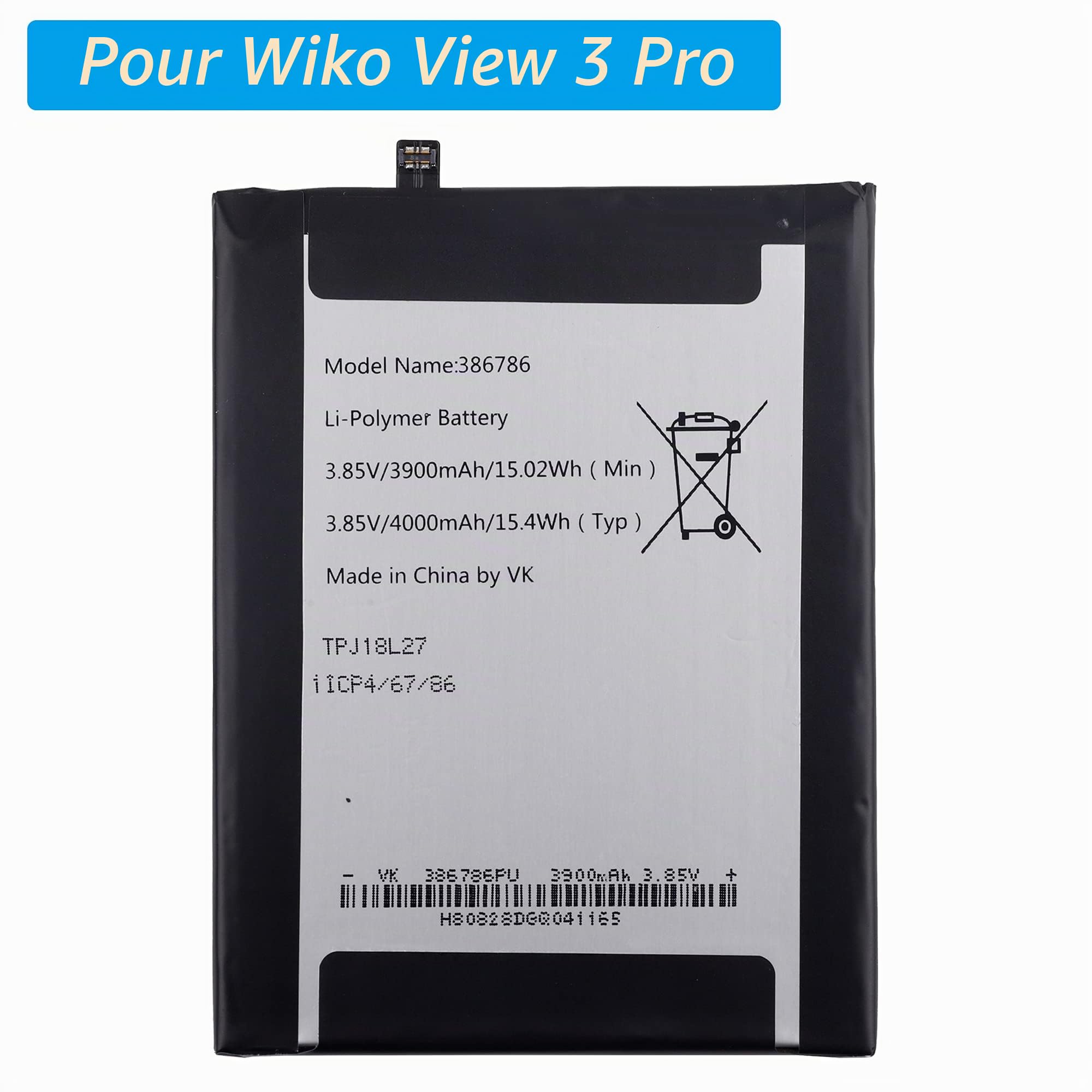 Batterie de rechange WIKO 386786 compatible avec Wiko View 3 Pro, Wiko View 4 LITE/Wiko Y81 avec outils