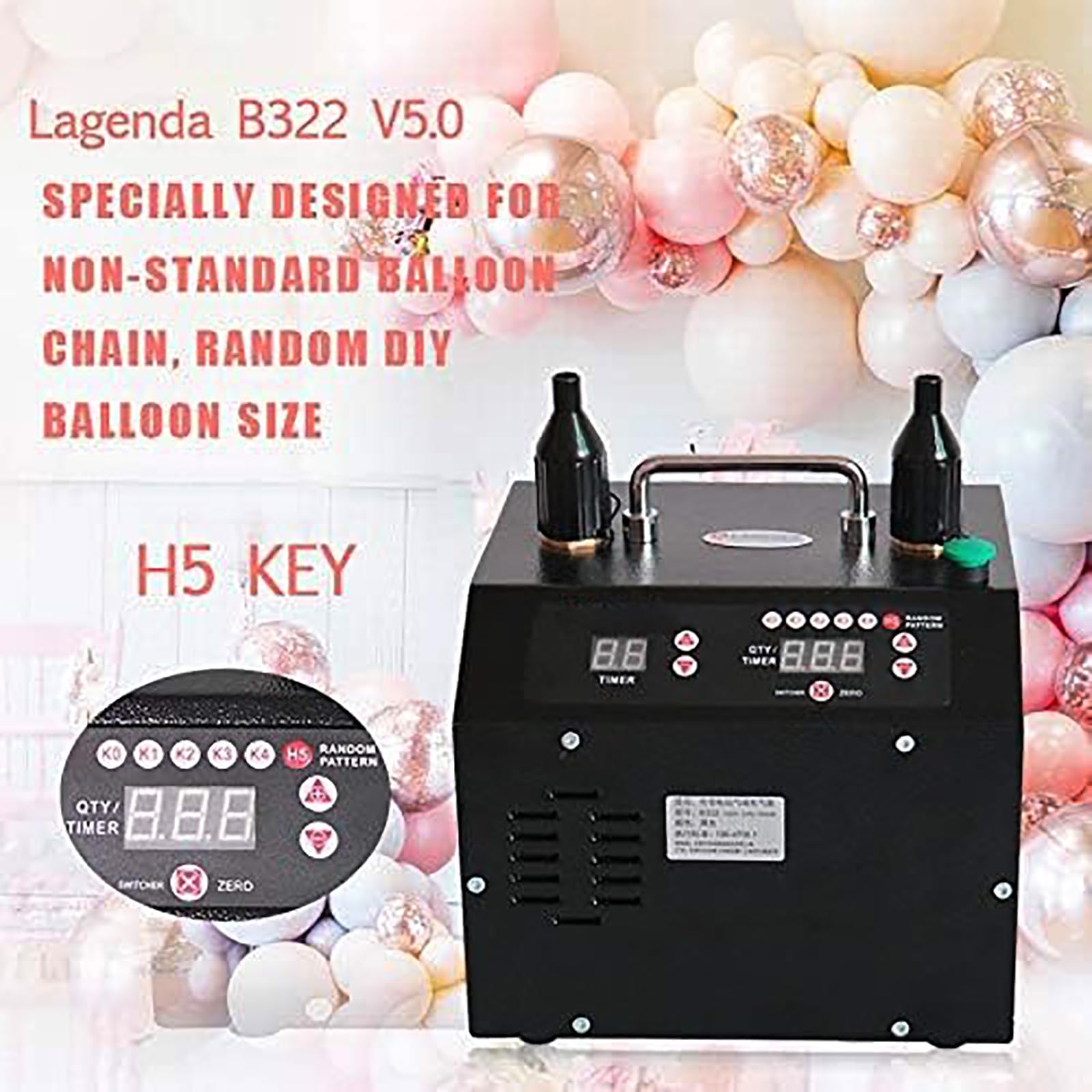 Elektryczna pompka powietrza balonowego z podwójną dyszą, cyfrowy timer i licznik, automatyczne tryby pompowania, funkcja pamięci
