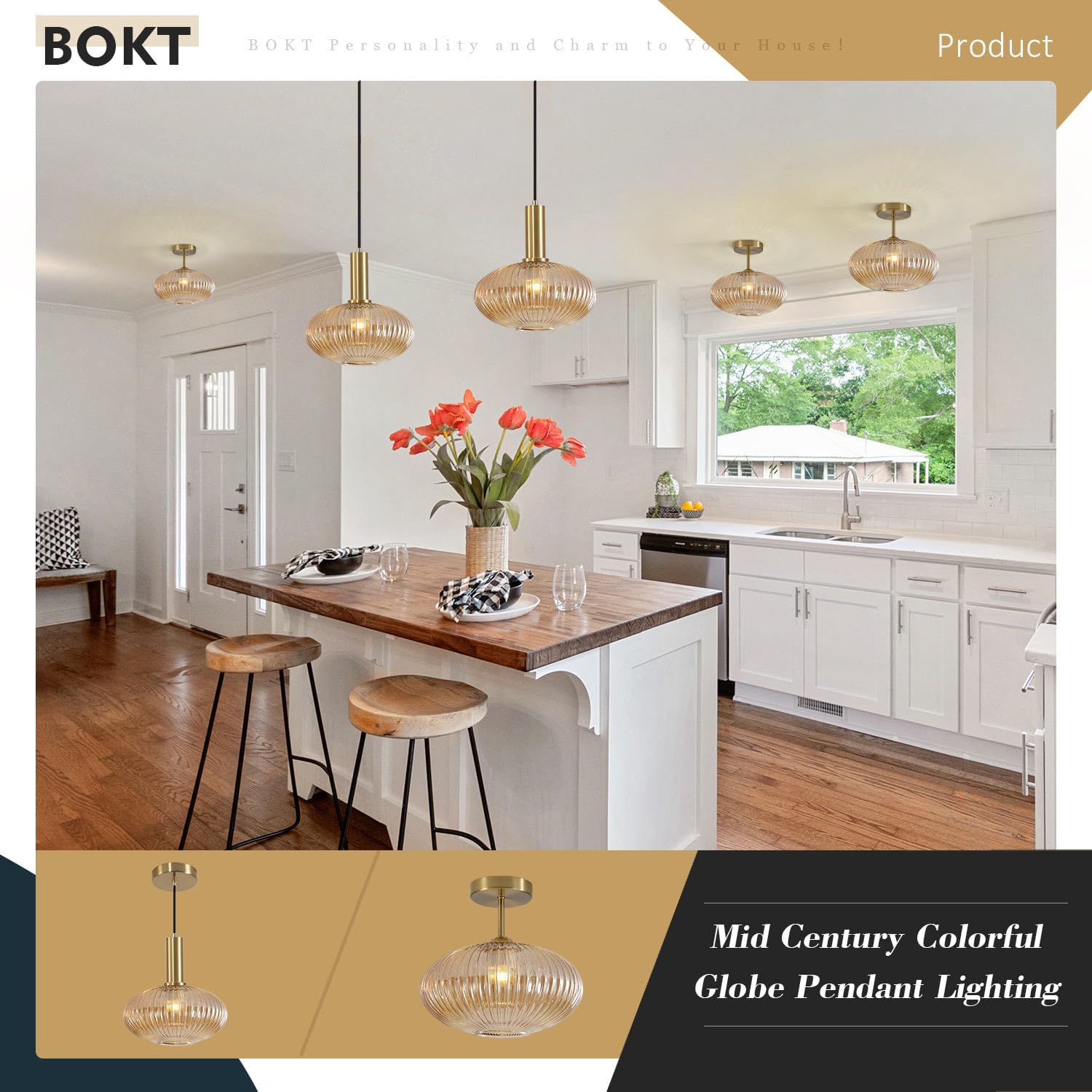 BOKT Mid Century Milk Glass Pendant Hanging Light Kitchen Island 1-Light HangingLight Amber Glass Ball Pendant Chandelier Lamp Nordic Ribbed Ceiling Lamp Dining Room Brushed Gold Lights