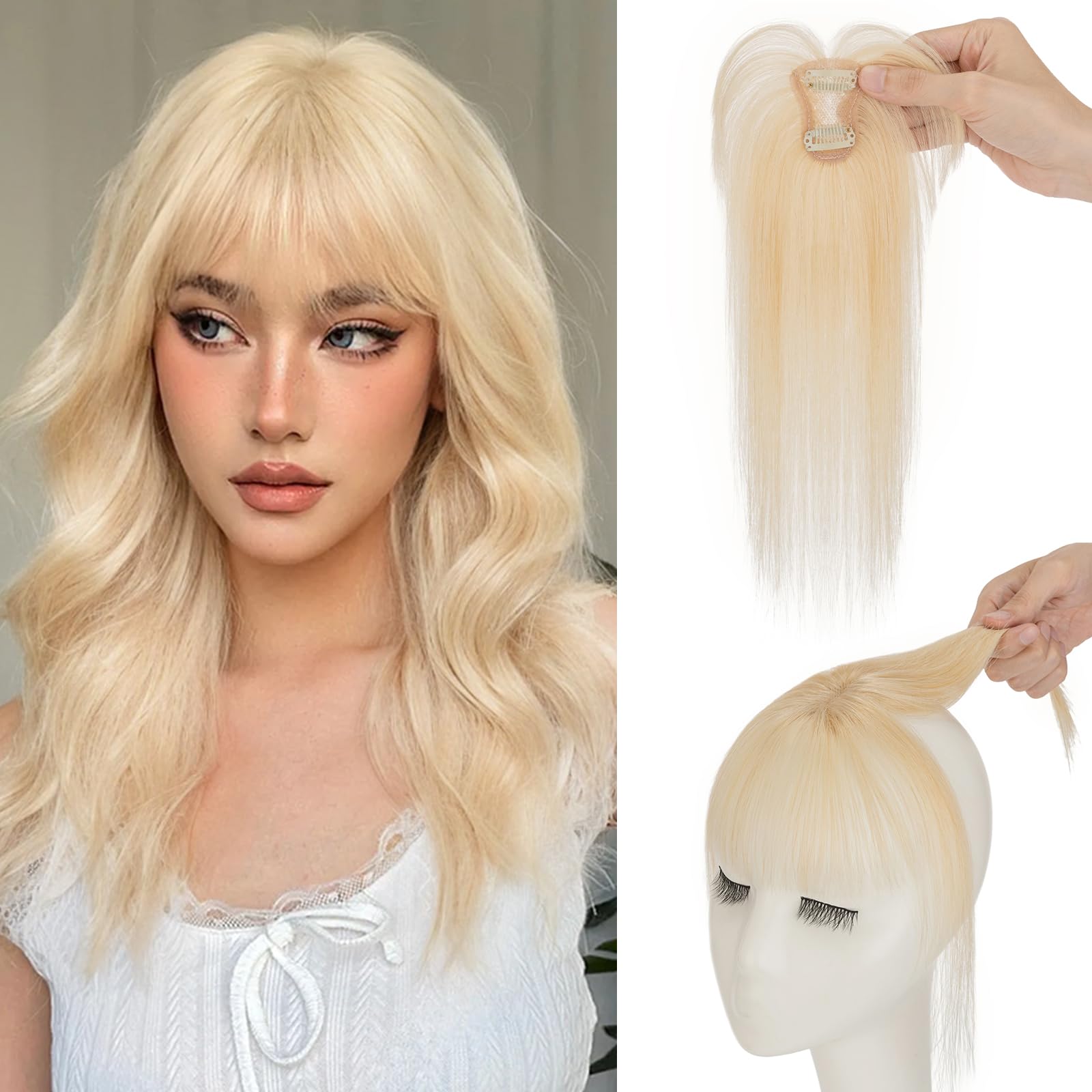 S-noilite Bangs Hair Clip,360° 3D Cover Real Clip in Bangs Human Hair Toppers for Women With Wispy Bang Daily Wear Bleach Blonde
