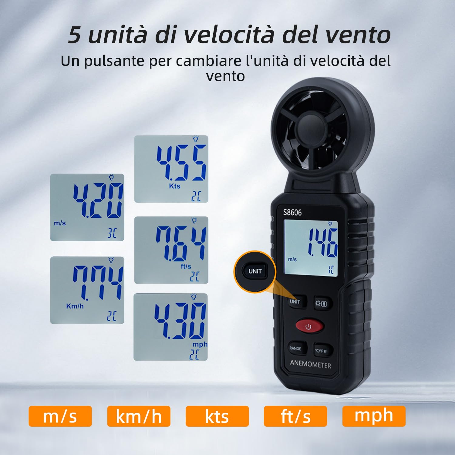 Mcbazel 3 in 1 Anemometro Digitale con Display LCD, Misuratore di Velocità del Vento Tester Velocità Flusso Aria Termometro per Esterni, Droni, Caccia, Pesca