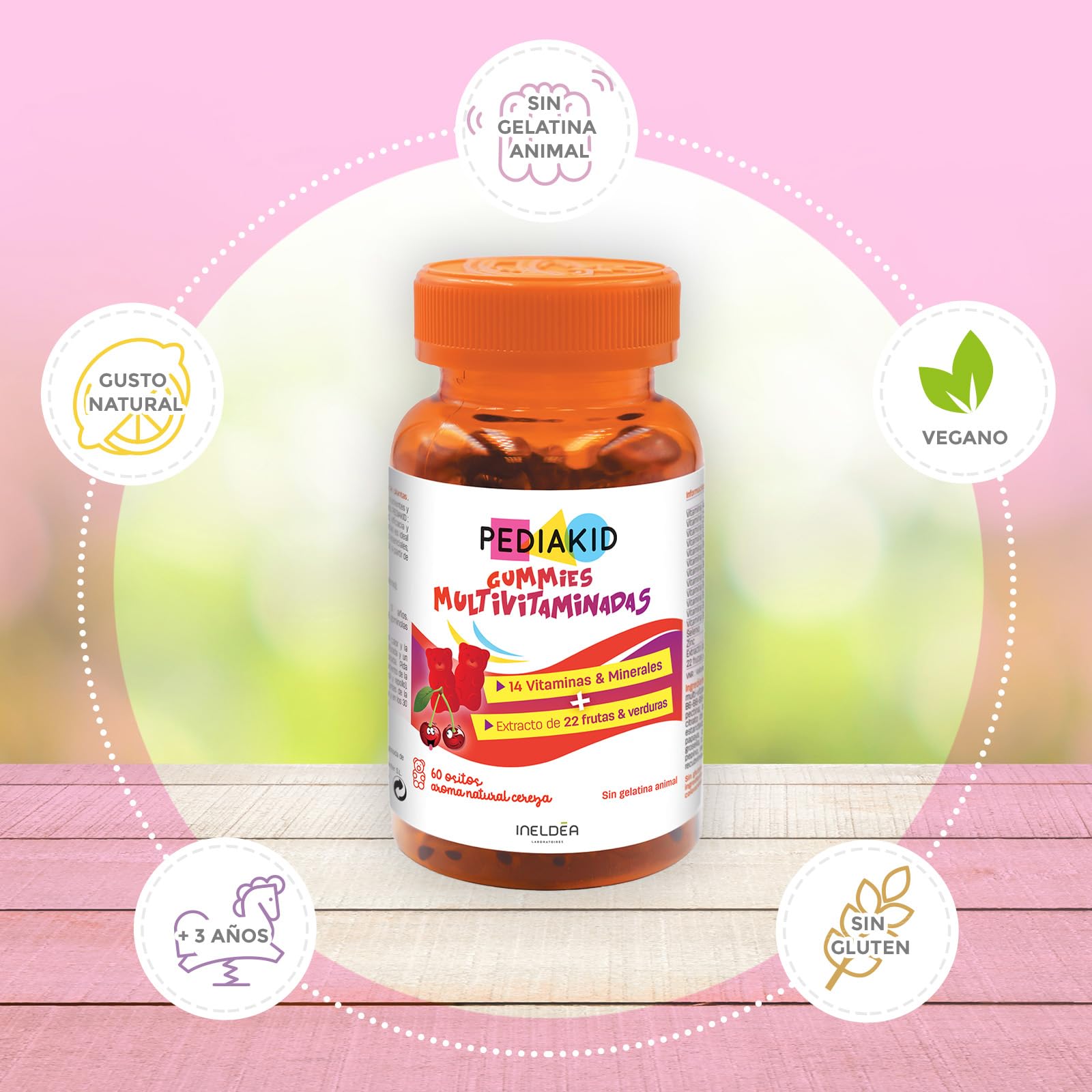 PEDIAKID - Gummies Multivitaminadas - Fórmula Natural con Delicioso Aroma de Cereza - Ayuda a Reducir la Fatiga - Refuerza las Defensas Naturales del Organismo - Lote de 3