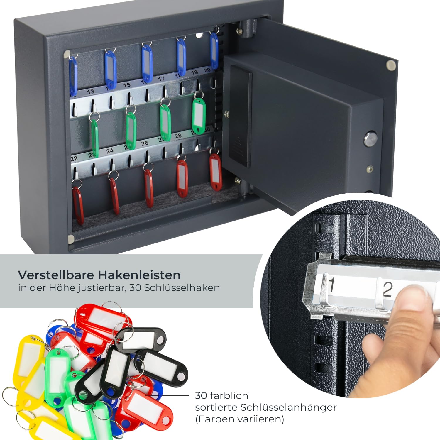 HMF Schlüsseltresor mit Zahlencode, Schlüsselsafe mit Elektronikschloss | 30 Haken | 30 x 28 x 10 cm | Anthrazit