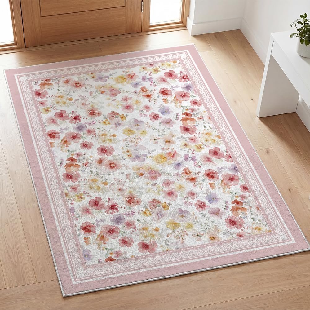Artoid Mode Pink Watercolor Flower Spring Area Rug, Summer Home Decor Low-Profile Non-Slip Washable Large Rug for Living Room Bedroom Farmhouse Dining Room Kids Playroom 5x7 Feet