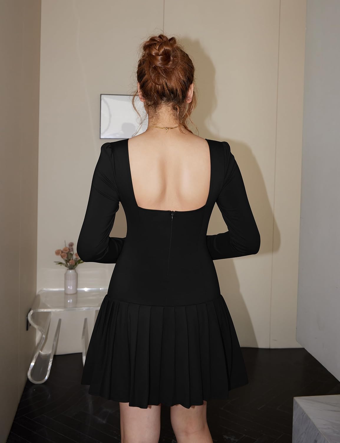 Women's Long Sleeve Mini Dress Sexy Boat Neck Pleated A-line Party Dresses - Image 3