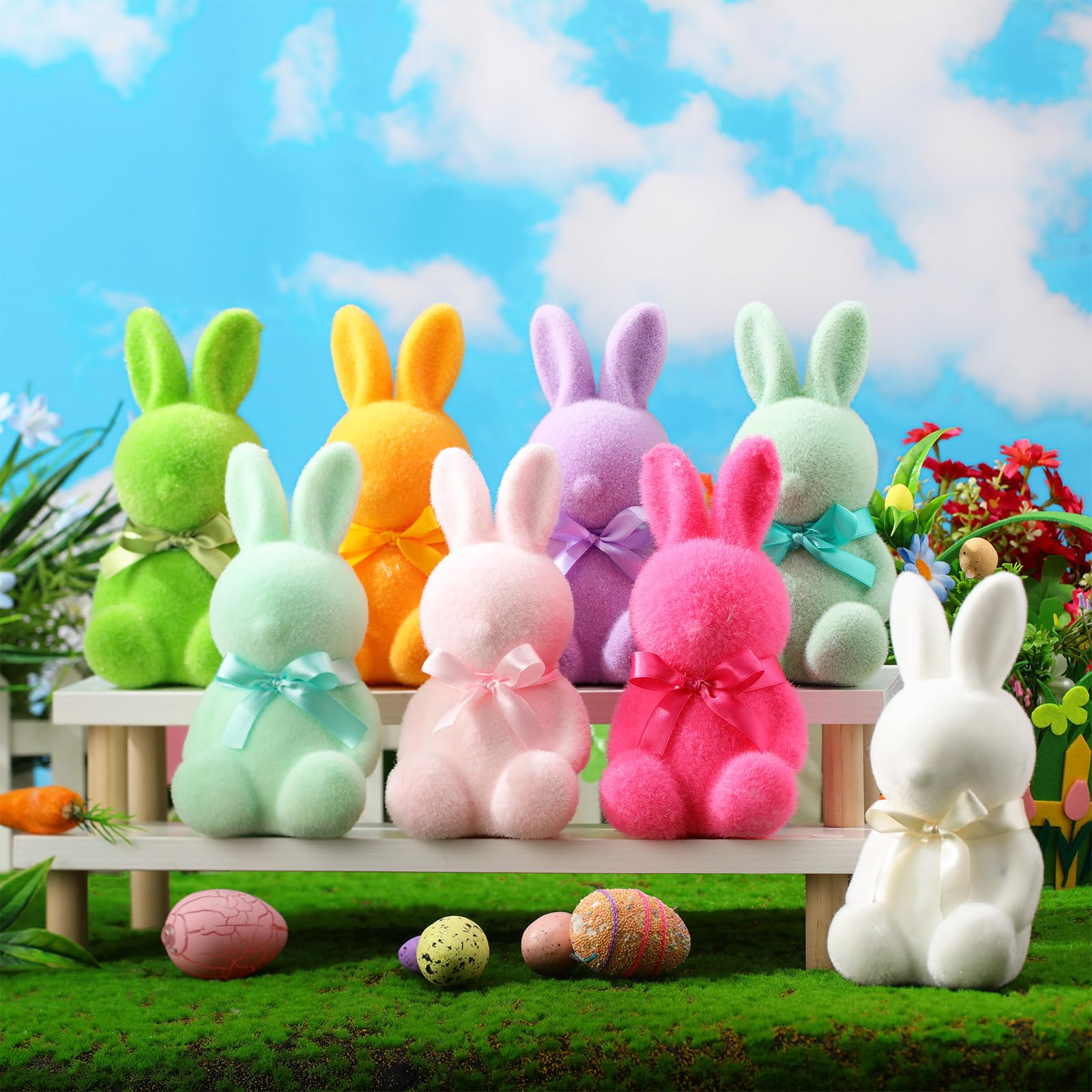 Wesiti Beflockte Osterhasen-Dekoration mit Fliege, Hasen-Figuren für Ostern, Tafelaufsätze, Frühling, Hof, Rasen, Garten, Tischskulptur, Häschen, Kinderzimmer, Dekoration für Ostern, Geschenk,
