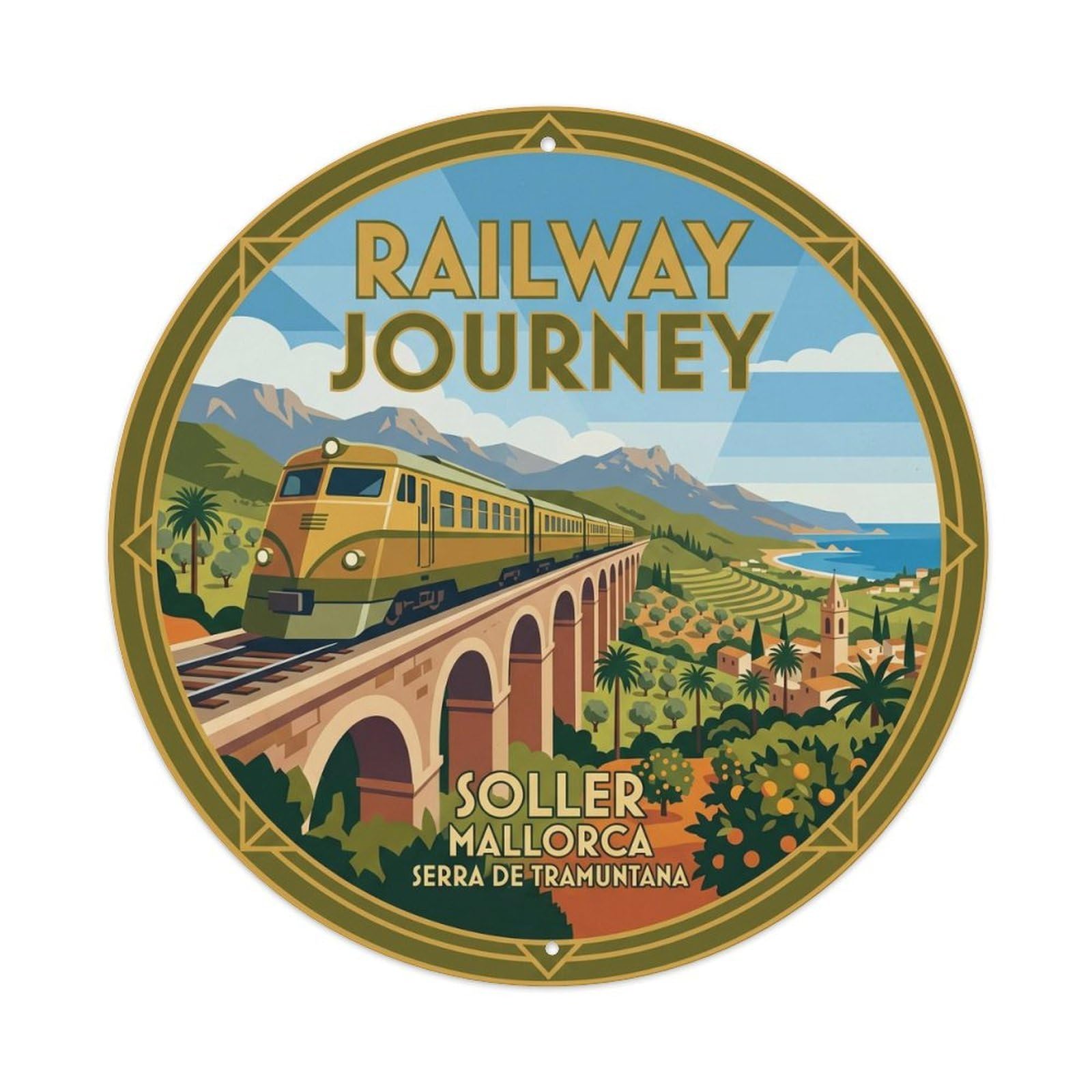 Okahys 8X8inch Classic Style Mallorca Soller Railway Journey Scenic Route Bridge Metal Tin Sign