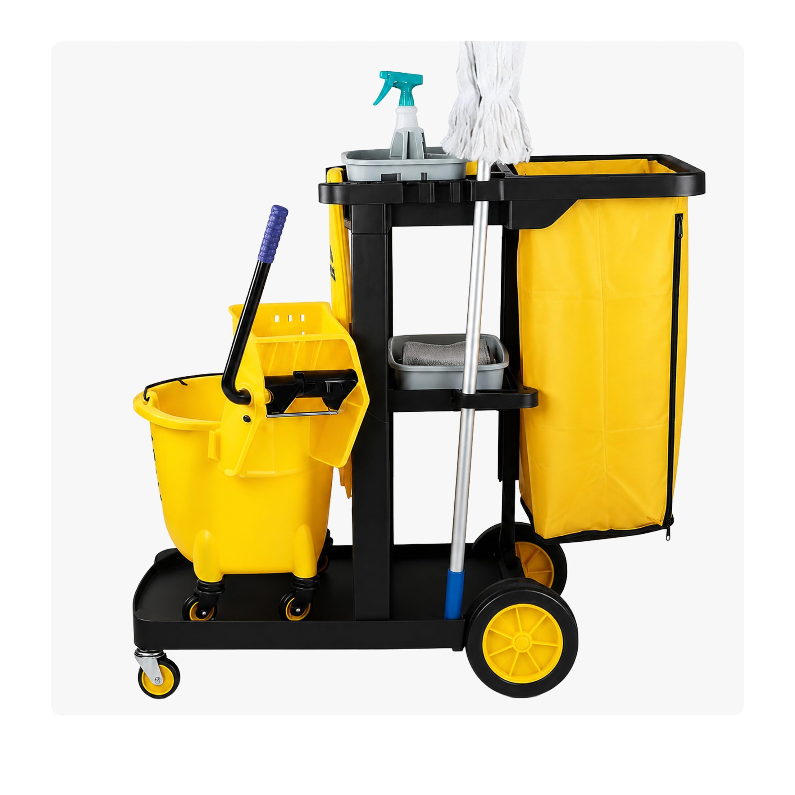 Relaxdays Carro de Limpieza con 3 Estantes, Negro-Amarillo | Soporta hasta 50 kg, incluye bolsa y soporte para escoba. Medidas: 96x112x51 cm
