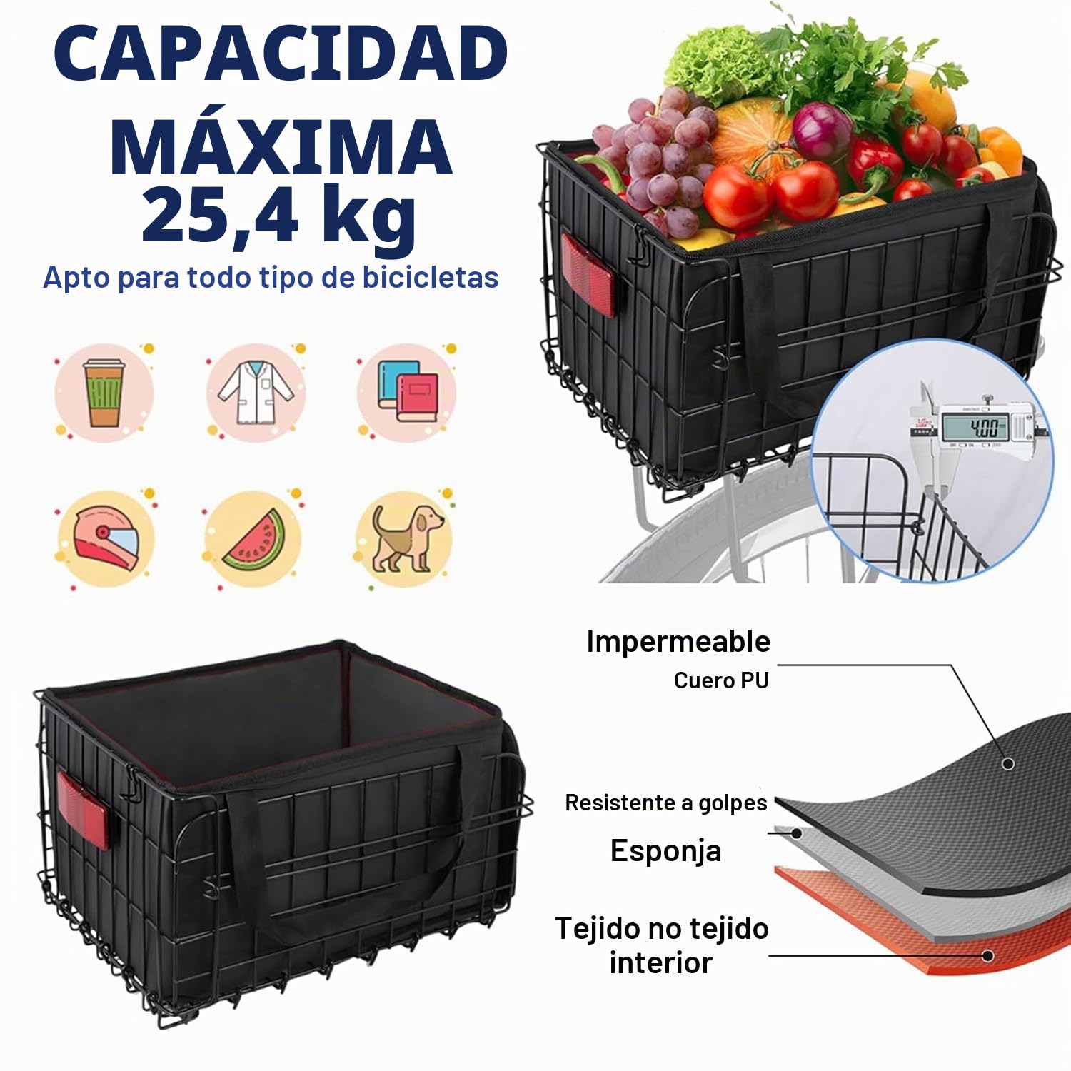 Bicicleta Cesta de Alambre Plegable, Cesta Trasera Bicicleta, Accesorios para Bicicleta con Red para Equipaje, Forro Portátil y Funda Impermeable para Llevan Mascotas, Frutas, Comestibles