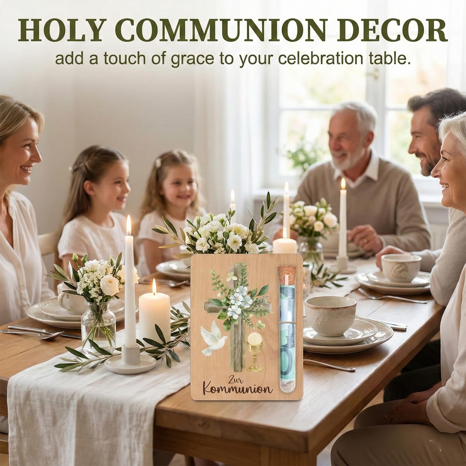 Carte en Bois Cadeau d’Argent pour Communion avec Motif Croix et Colombe, Incl. Tube à Essai en Verre et Boîte Cadeau, pour Fille et Garçon–Confirmation, Décoration et Cadeau pour Filleuls