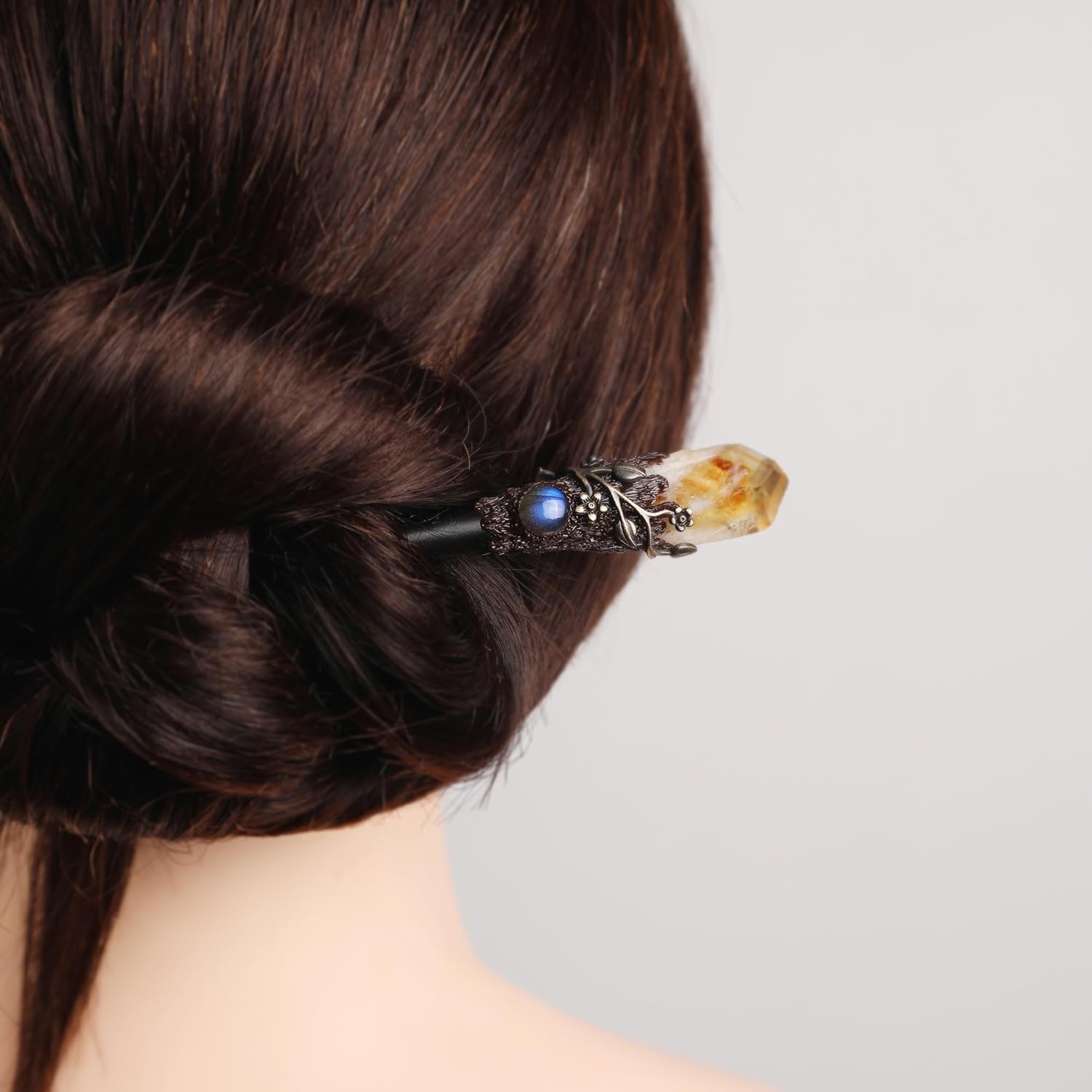 Wooden Magic Wand Chopstick Hairpin Amethyst Labradorite Handcraft Gift for Her (Citrin)