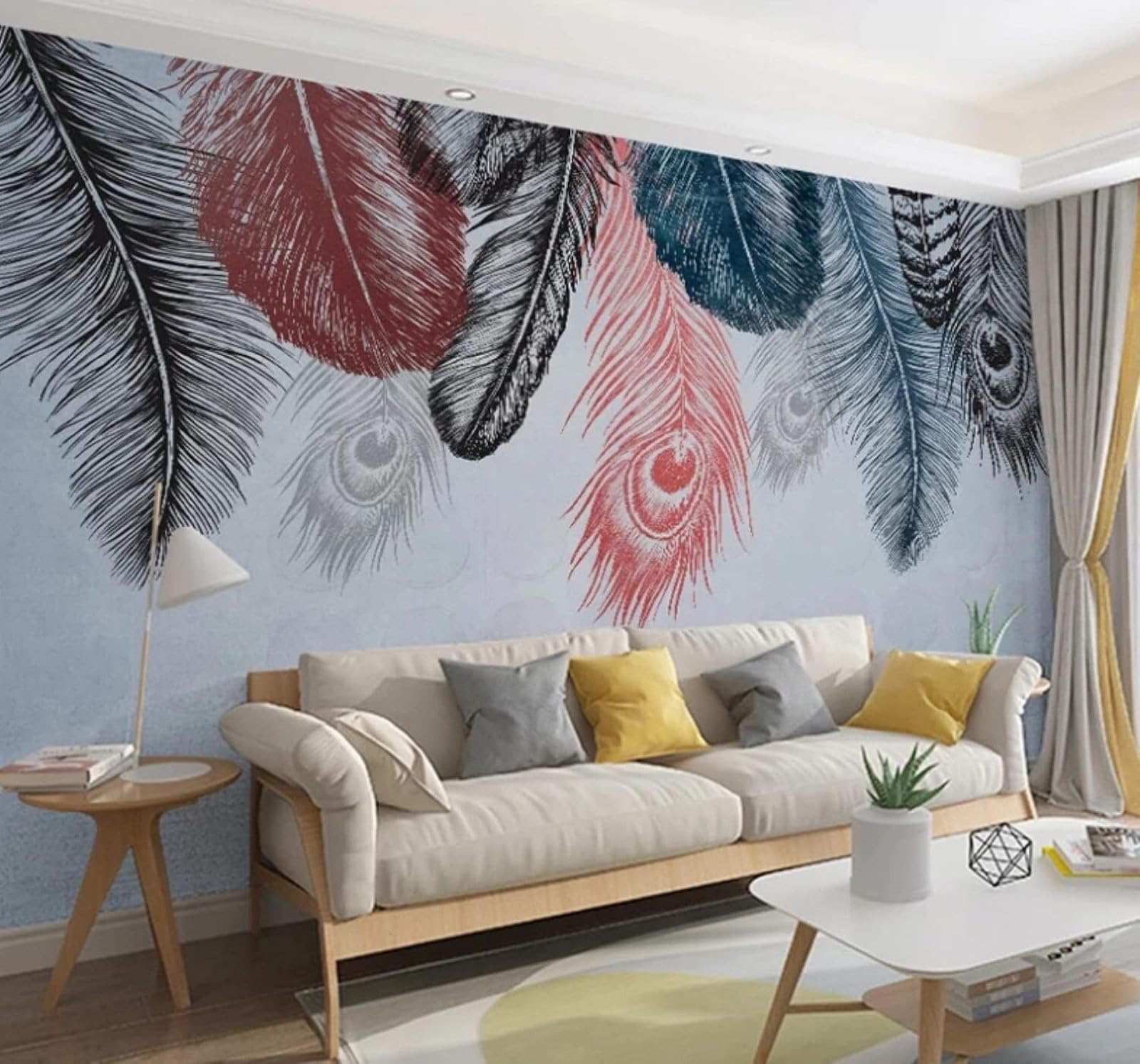 Wallpaper-3D-Xlm 150Cm×105Cm(B×H) Minimalist Hand Drawn Colourful Feathers Art 3D Wallpaper Easy Install Feature Office Living Room Sofa Bedroom Tv Background Wall Decoration-150Cm×105Cm