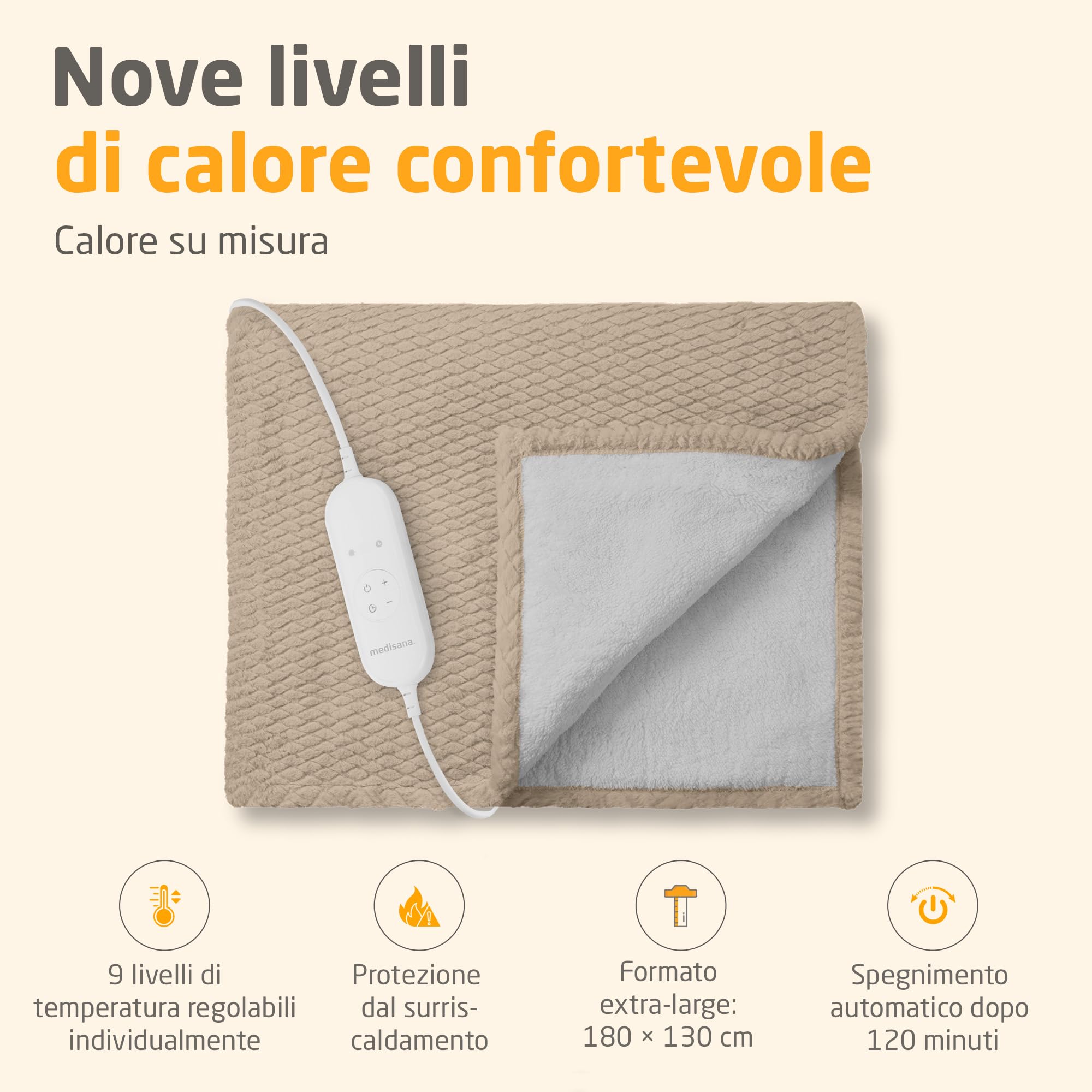 medisana HB 419 coperta termica elletrica, coperta riscaldante morbidissima | con 9 livelli di calore, scaldino elletrico extra morbido con spegnimento automatico, protezione contro surriscaldamento