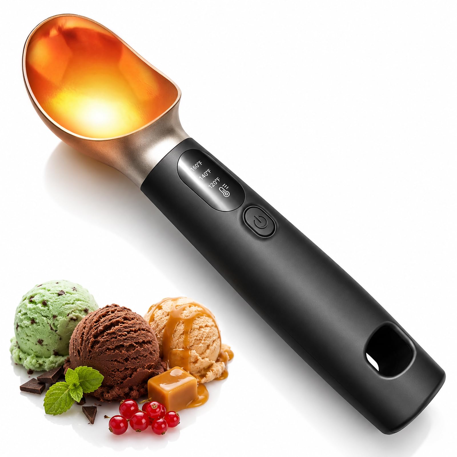 Beheizbarer Eisportionierer Edelstahl, Wiederaufladbarer Beheizbarer Eislöffel mit 3 Temperaturen (49/60 /71°C) & LED-Display & 2600 mAh Akku, Eislöffel Portionierer für Hartes Eis & Gelato & Sorbet
