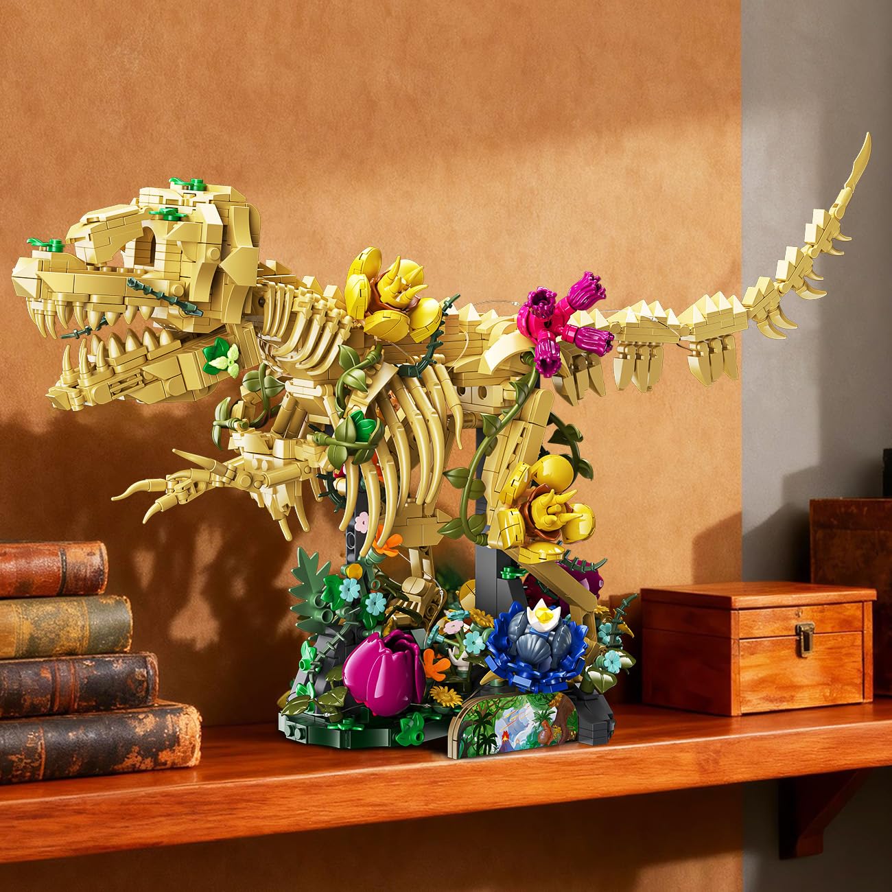 CUBIMANA Fossile de Dinosaure avec Fleurs et lumière LED, 1185 PCS Jeu de Construction botanique Dino, Maquette de Squelette pour décoration intérieure, Cadeau pour Adultes et Adolescents