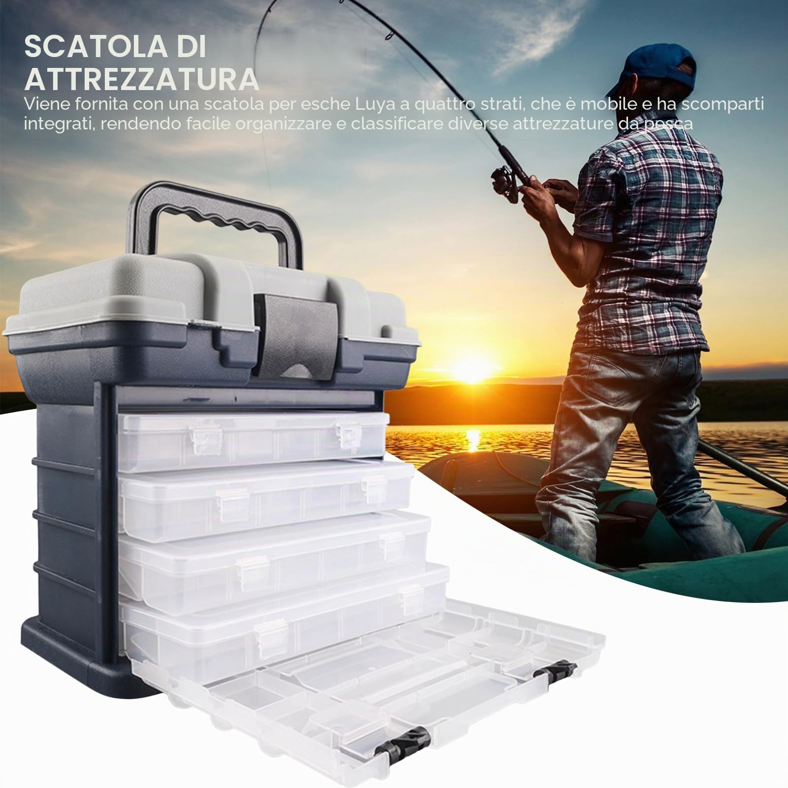 awakentti Organizer portatile per attrezzatura da pesca, con 4 cassetti, grande capacità, scomparti multipli, scatola multiuso per attrezzatura da pesca, perline e ferramenta