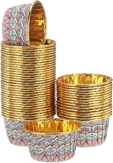 HARFINGTON 50 Pcs Cupcake Baking Liner 3.5 oz Foil Cupcake Liners Gold Little Baking Cups Bohemian Style for Birthday Party Wedding Festival, Pink/Blue