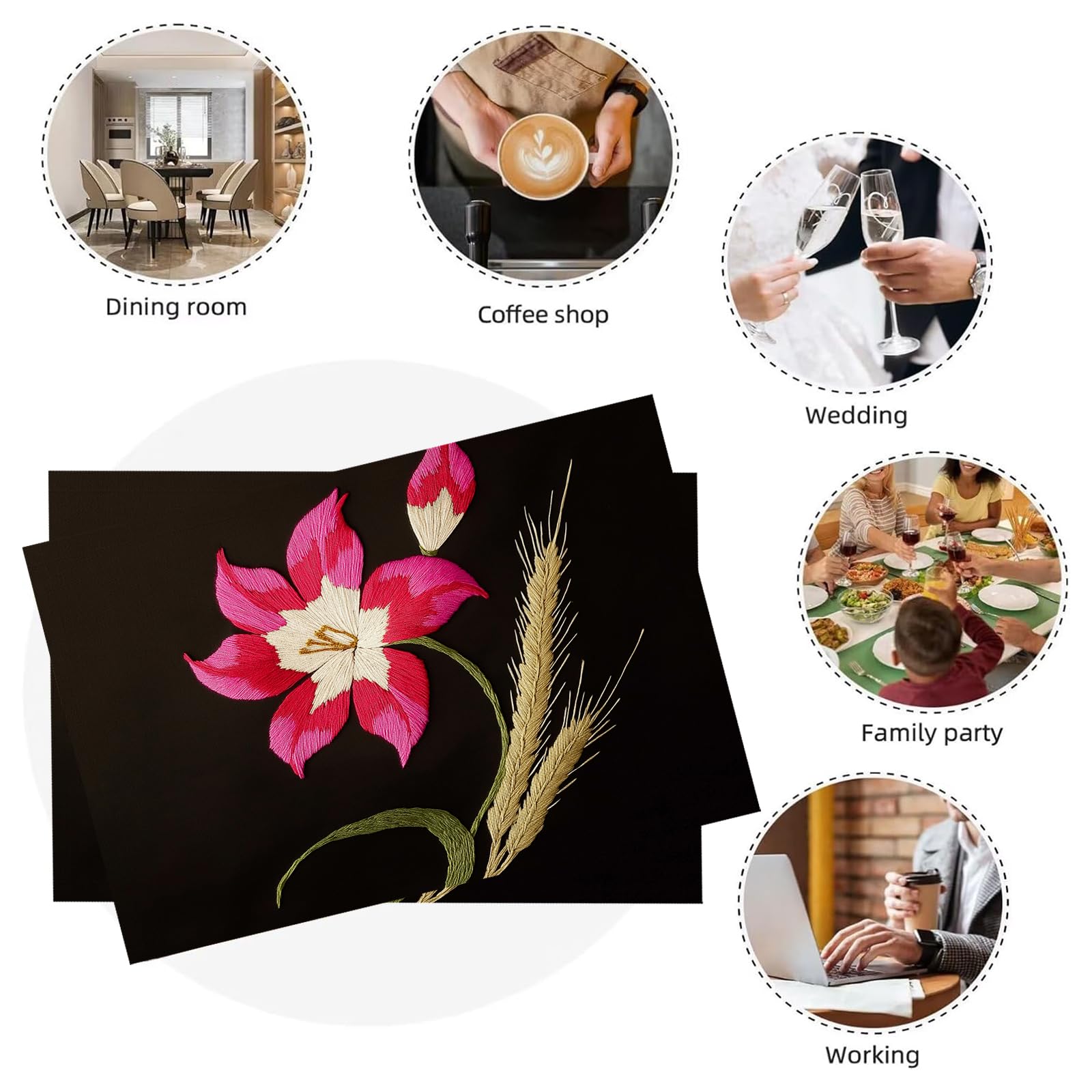 Set di 8 Tovagliette Americane Lavabili Cotone Lino Creatività - Tovaglietta Americana Resistenti al Calore Durevole Fiori ricamati - per Colazione Pranzo 30×45 cm