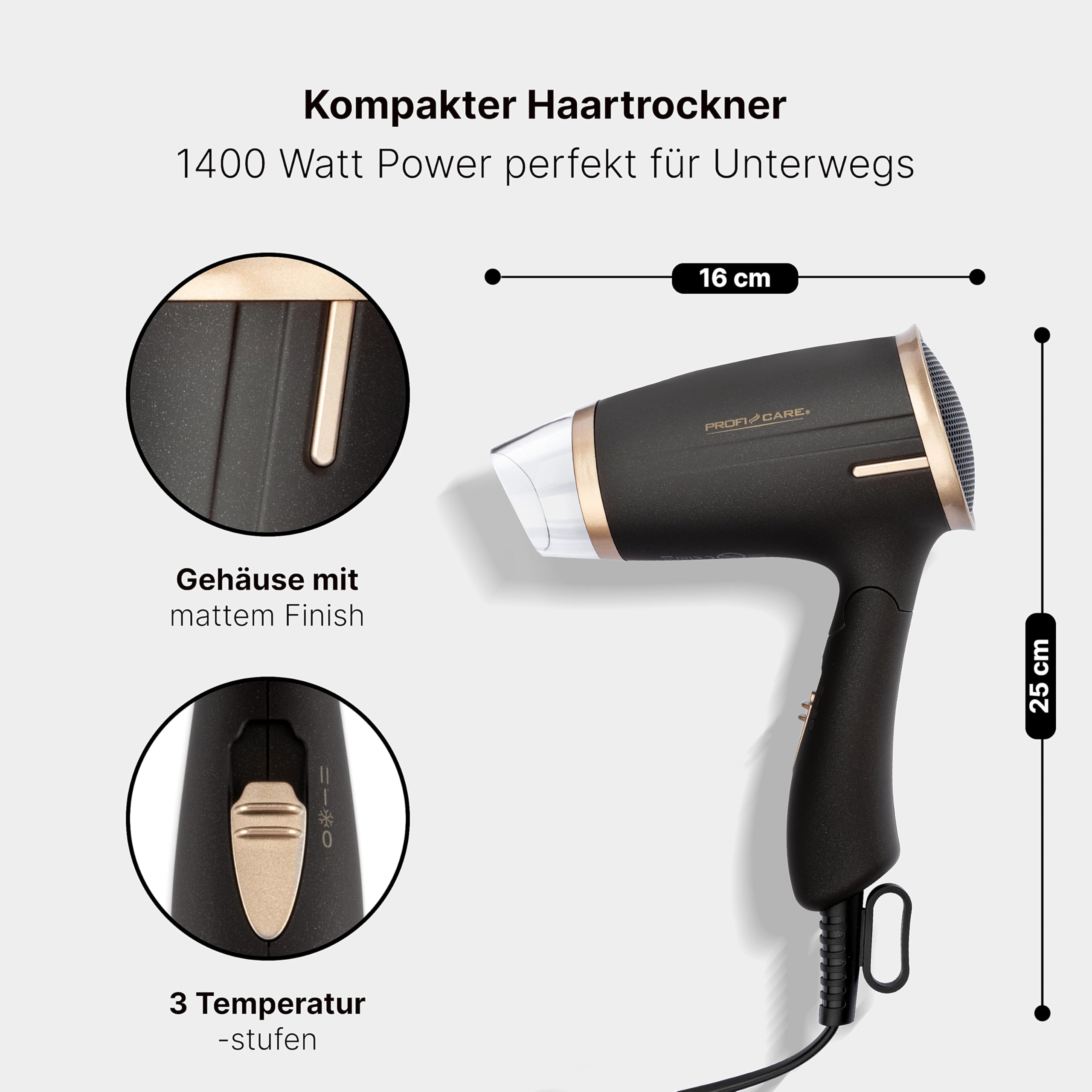 Nahaufnahme des zusammengeklappten ProfiCare PC-HT 3009 Haartrockners, die Kompaktheit für die Reise hervorhebend.